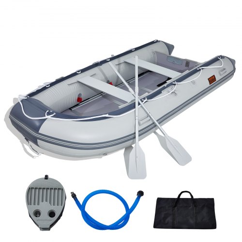 Ponton VEVOR, 6-osobowa łódź sportowa z pawężą, morską drewnianą podłogą i regulowaną aluminiową ławką, nadmuchiwana tratwa rybacka o wadze 680 kg, aluminiowe wiosło, pompka powietrzna i torba transportowa