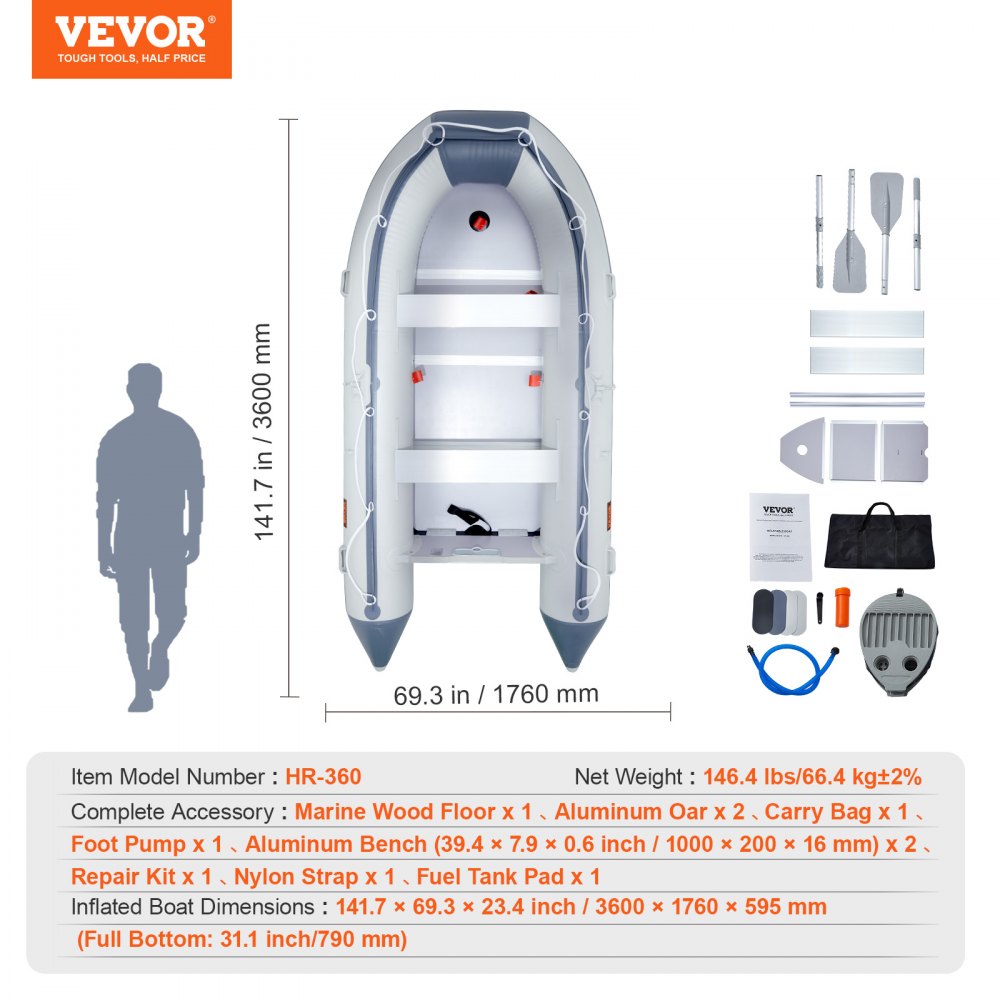 Ponton VEVOR, 6-osobowa łódź sportowa z rufą, drewnianą podłogą morską i regulowaną aluminiową ławką, ponton rybacki o udźwigu 680 kg, wiosła aluminiowe, pompka powietrza i torba transportowa