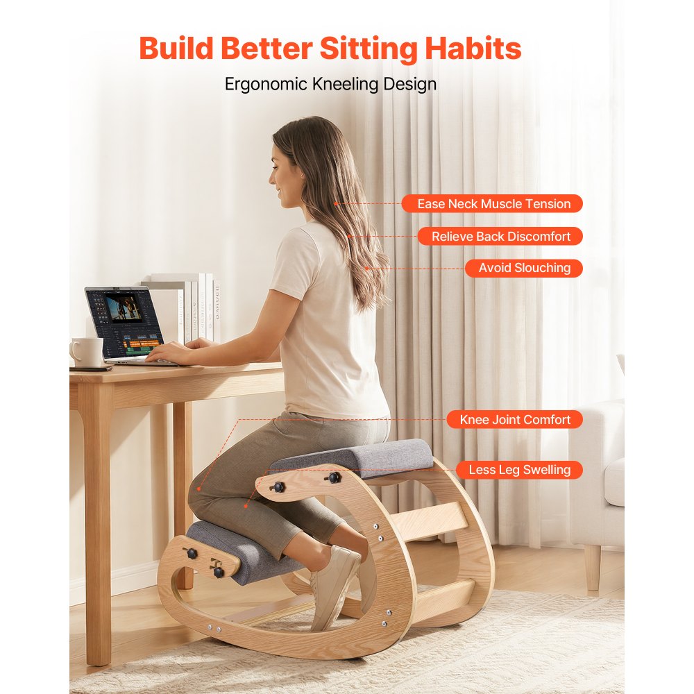 Ergonomiczny fotel klęczący VEVOR z grubymi, zintegrowanymi poduszkami piankowymi i solidną drewnianą ramą, regulowany na wysokość fotel klęczący, zapewniający ulgę szyi i pleców, idealny do domu i biura, szary