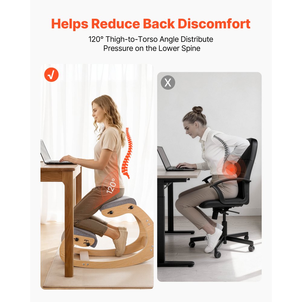 Ergonomiczny fotel klęczący VEVOR z grubymi, zintegrowanymi poduszkami piankowymi i solidną drewnianą ramą, regulowany na wysokość fotel klęczący, zapewniający ulgę szyi i pleców, idealny do domu i biura, szary