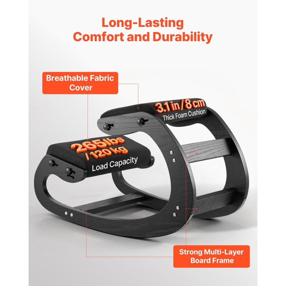 Ergonomiczny stołek VEVOR z grubymi, zintegrowanymi poduszkami piankowymi i solidną drewnianą ramą, regulowany na wysokość fotel klęczący, zapewniający ulgę szyi i pleców, idealny do domu i biura, czarny