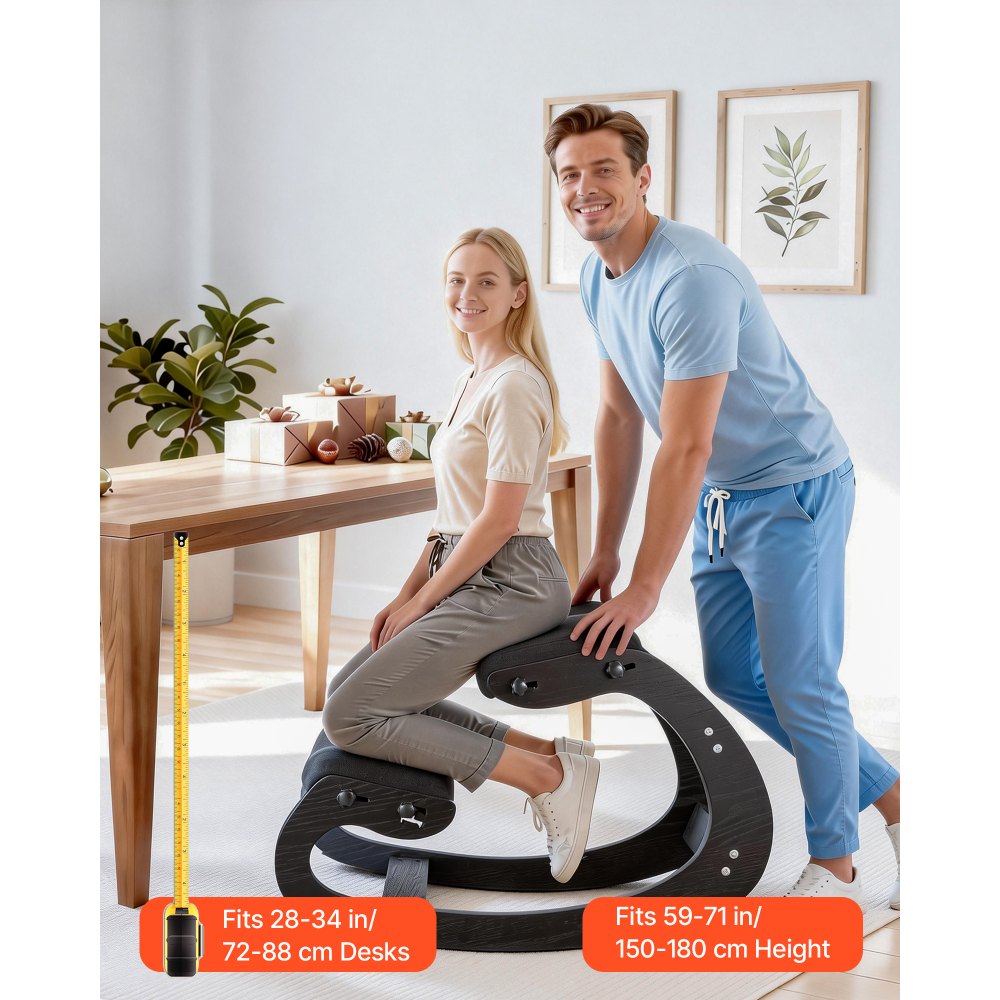 Ergonomiczny stołek VEVOR z grubymi, zintegrowanymi poduszkami piankowymi i solidną drewnianą ramą, regulowany na wysokość fotel klęczący, zapewniający ulgę szyi i pleców, idealny do domu i biura, czarny