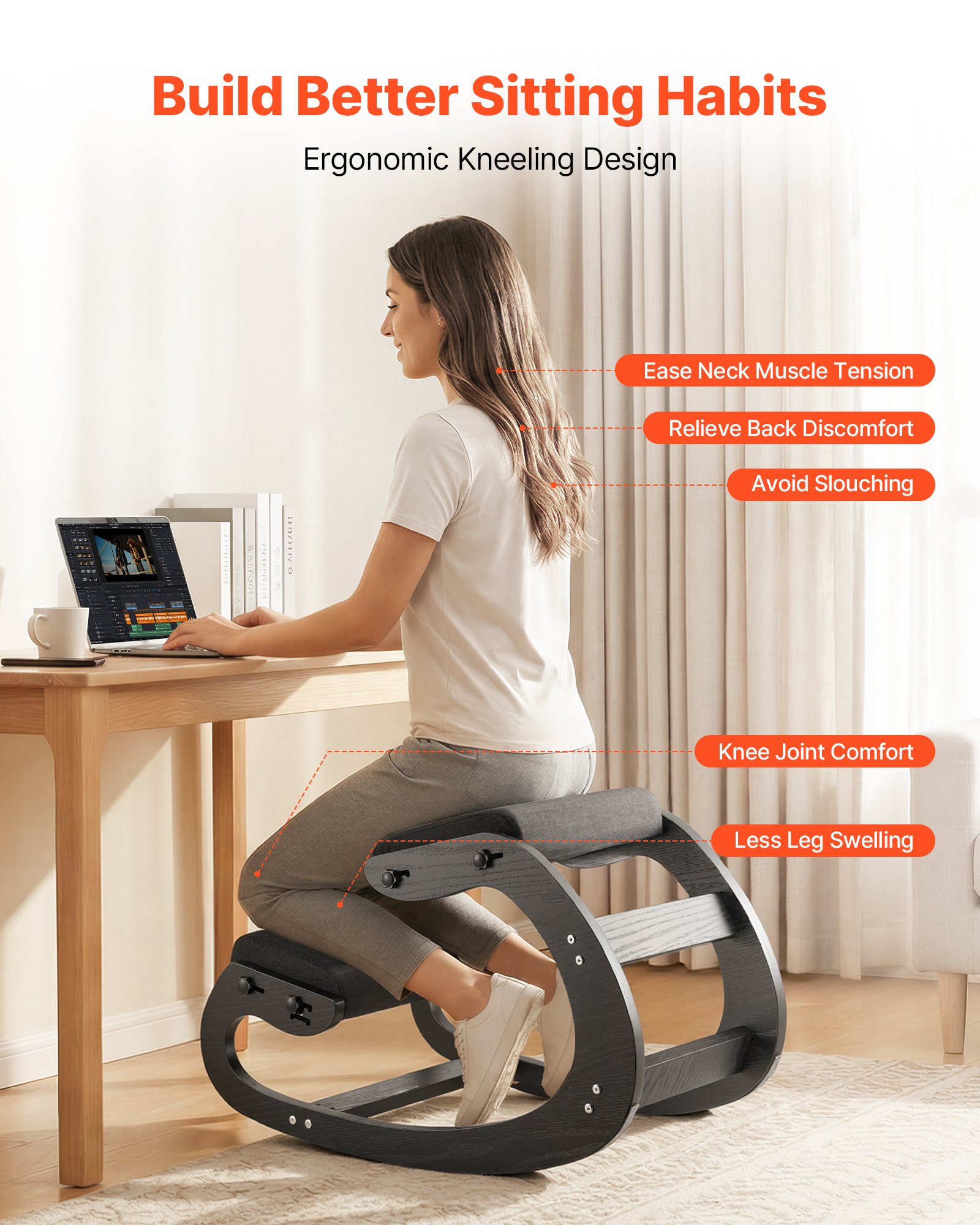 Ergonomiczny stołek VEVOR z grubymi, zintegrowanymi poduszkami piankowymi i solidną drewnianą ramą, regulowany na wysokość fotel klęczący, zapewniający ulgę szyi i pleców, idealny do domu i biura, czarny
