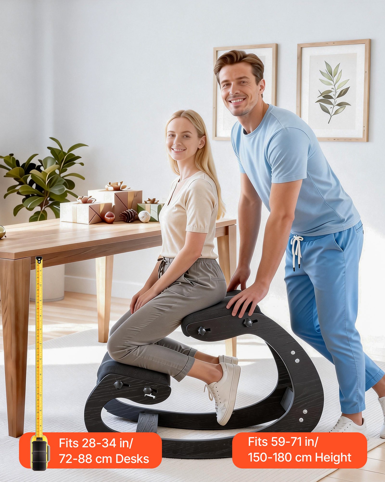 Ergonomiczny stołek VEVOR z grubymi, zintegrowanymi poduszkami piankowymi i solidną drewnianą ramą, regulowany na wysokość fotel klęczący, zapewniający ulgę szyi i pleców, idealny do domu i biura, czarny