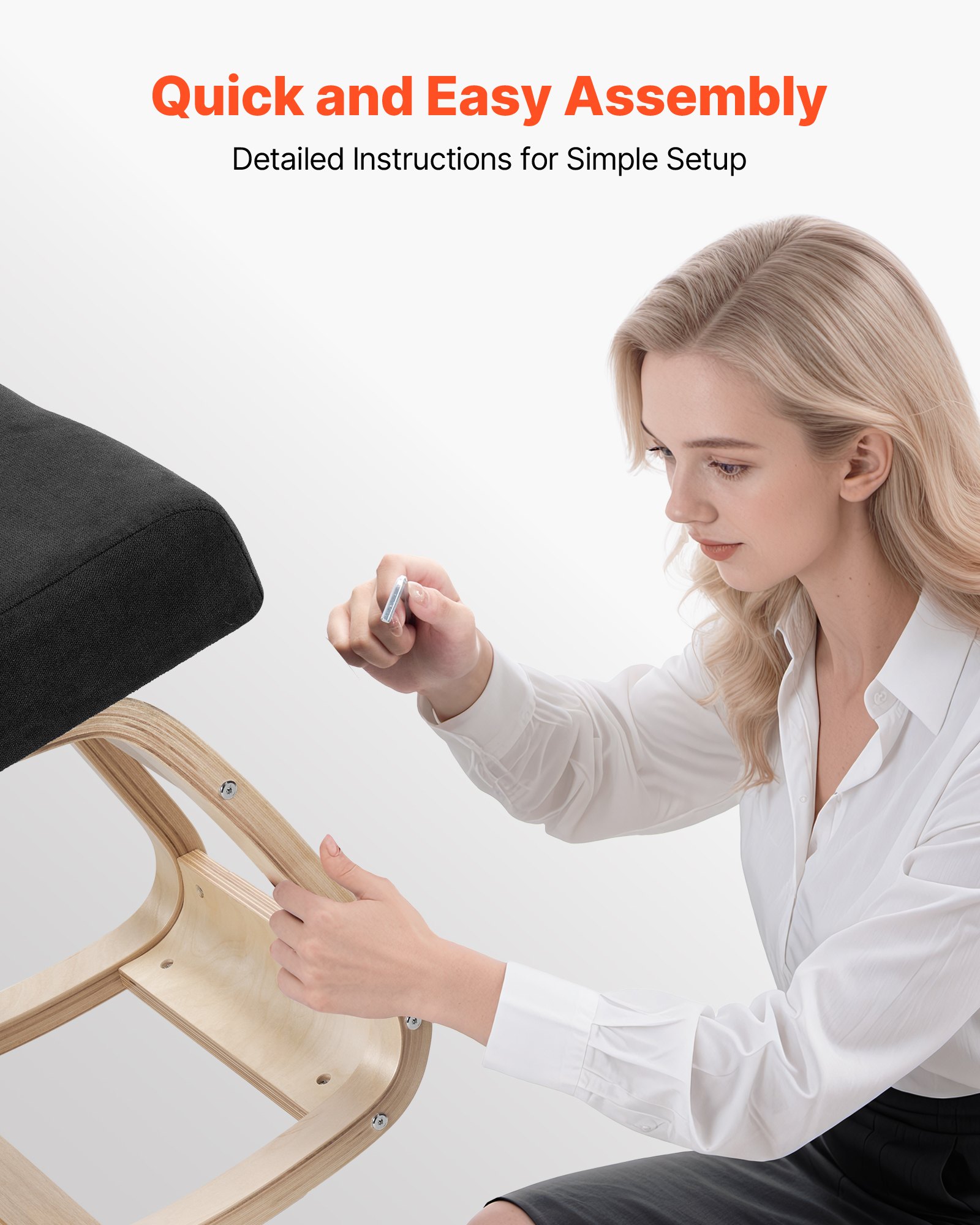 Ergonomiczny fotel klęczący VEVOR z grubymi piankowymi poduszkami i solidną ramą z litego drewna, fotel klęczący zapewniający ulgę szyi i pleców, nośność do 65 kg, idealny do domu, biura, medytacji, czarny