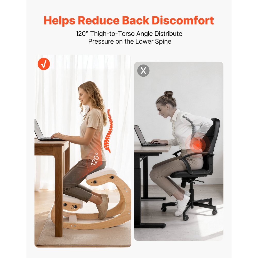 Ergonomiczny fotel klęczący VEVOR z grubymi, zintegrowanymi poduszkami piankowymi i solidną drewnianą ramą, regulowany na wysokość fotel klęczący, zapewniający ulgę szyi i pleców, idealny do domu i biura, beżowy