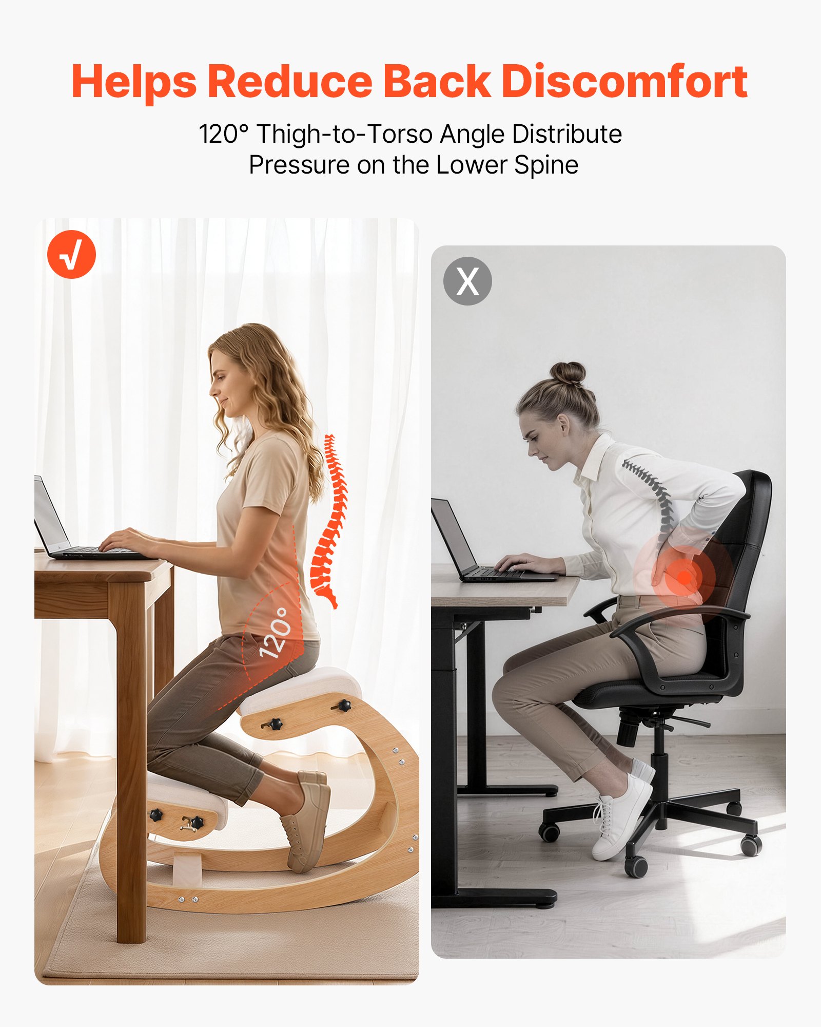 Ergonomiczny fotel klęczący VEVOR z grubymi, zintegrowanymi poduszkami piankowymi i solidną drewnianą ramą, regulowany na wysokość fotel klęczący, zapewniający ulgę szyi i pleców, idealny do domu i biura, beżowy