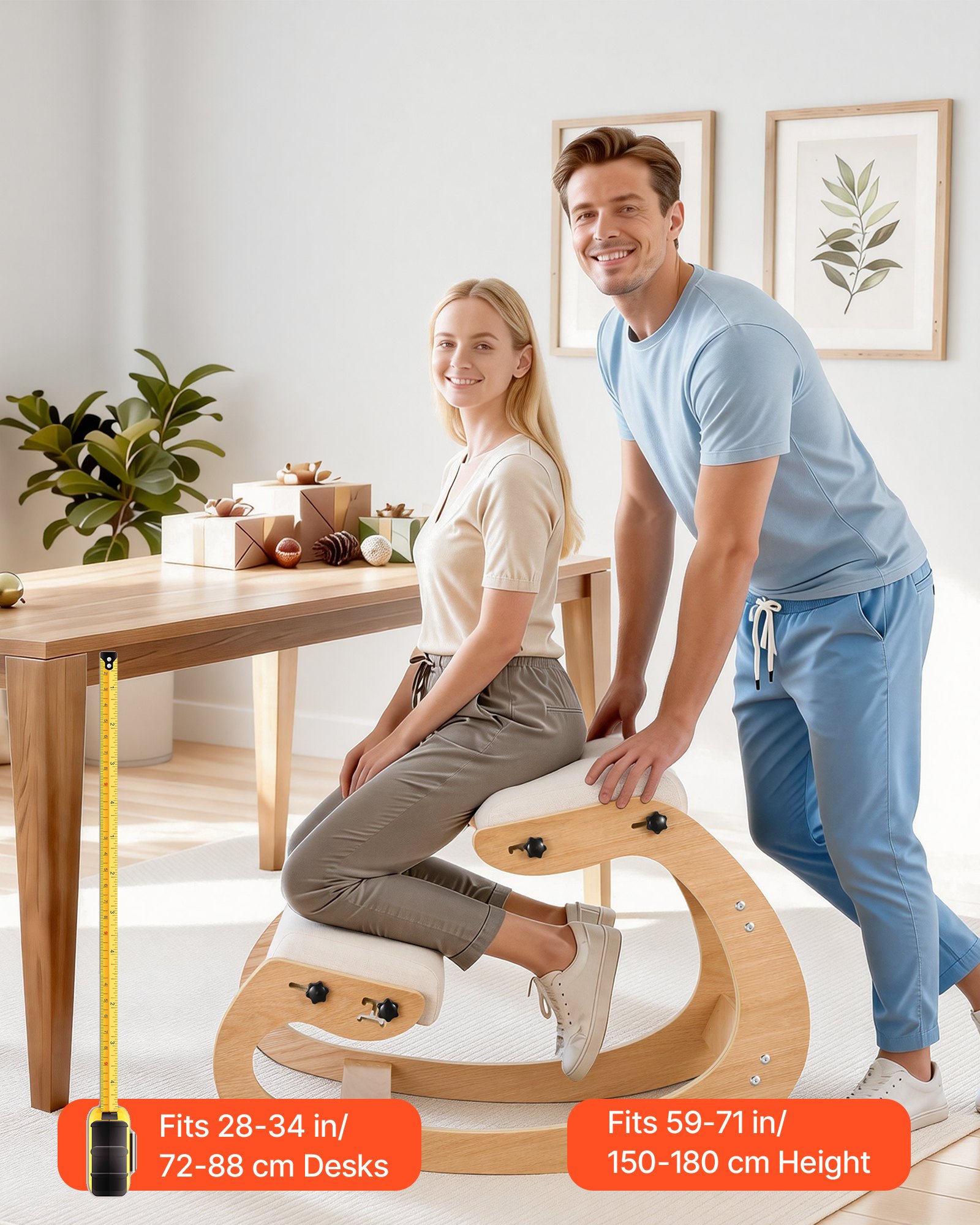 Ergonomiczny fotel klęczący VEVOR z grubymi, zintegrowanymi poduszkami piankowymi i solidną drewnianą ramą, regulowany na wysokość fotel klęczący, zapewniający ulgę szyi i pleców, idealny do domu i biura, beżowy