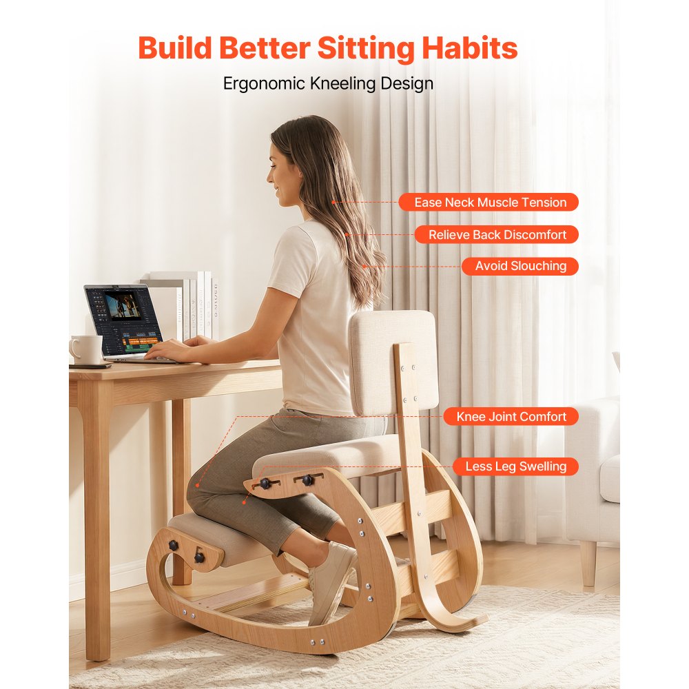 Ergonomiczny fotel klęczący VEVOR z grubymi, zintegrowanymi poduszkami piankowymi oraz drewnianą ramą i oparciem, regulowany taboret klęczący zapewniający ulgę szyi i pleców, idealny do domu i biura, beżowy