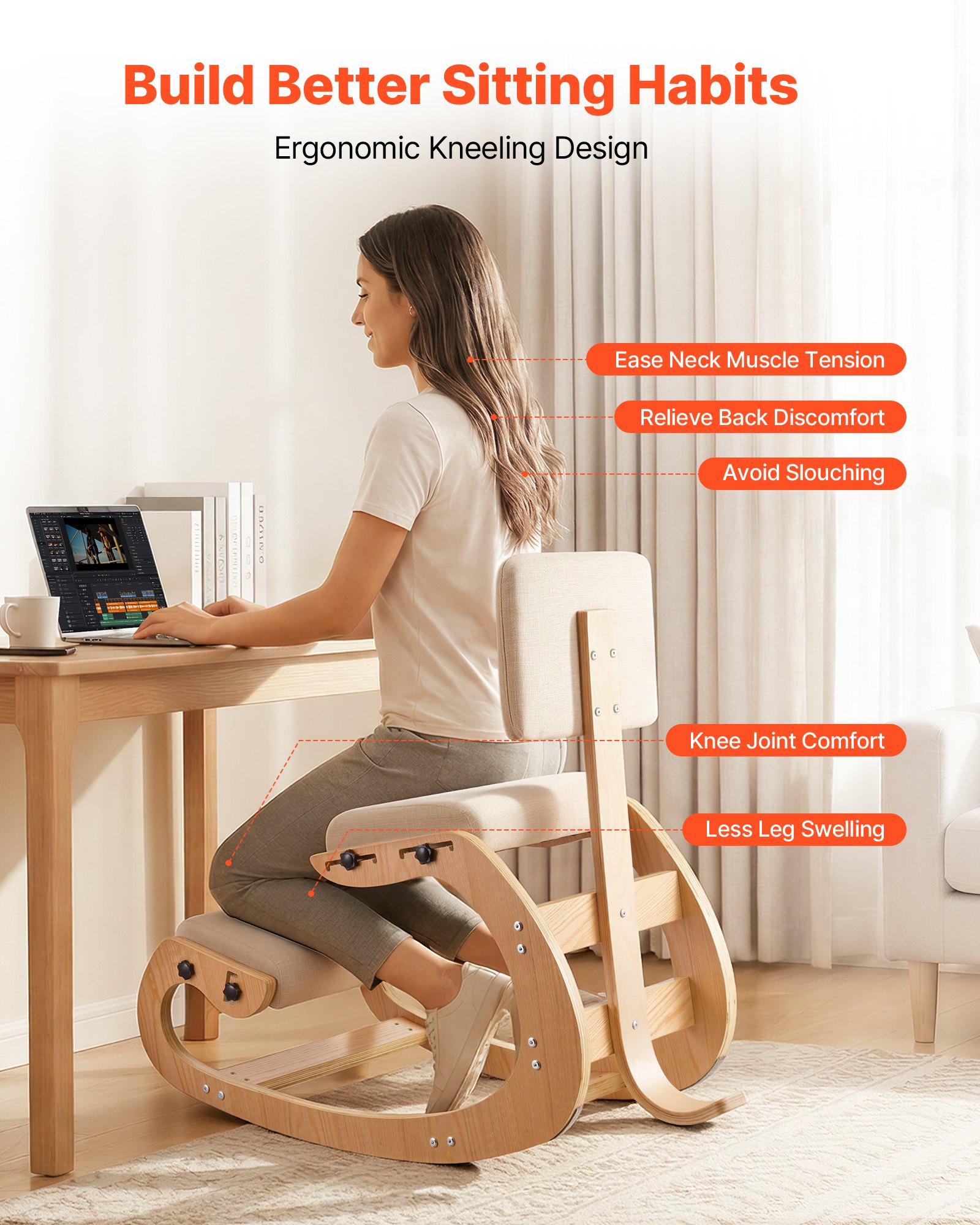 Ergonomiczny fotel klęczący VEVOR z grubymi, zintegrowanymi poduszkami piankowymi oraz drewnianą ramą i oparciem, regulowany taboret klęczący zapewniający ulgę szyi i pleców, idealny do domu i biura, beżowy