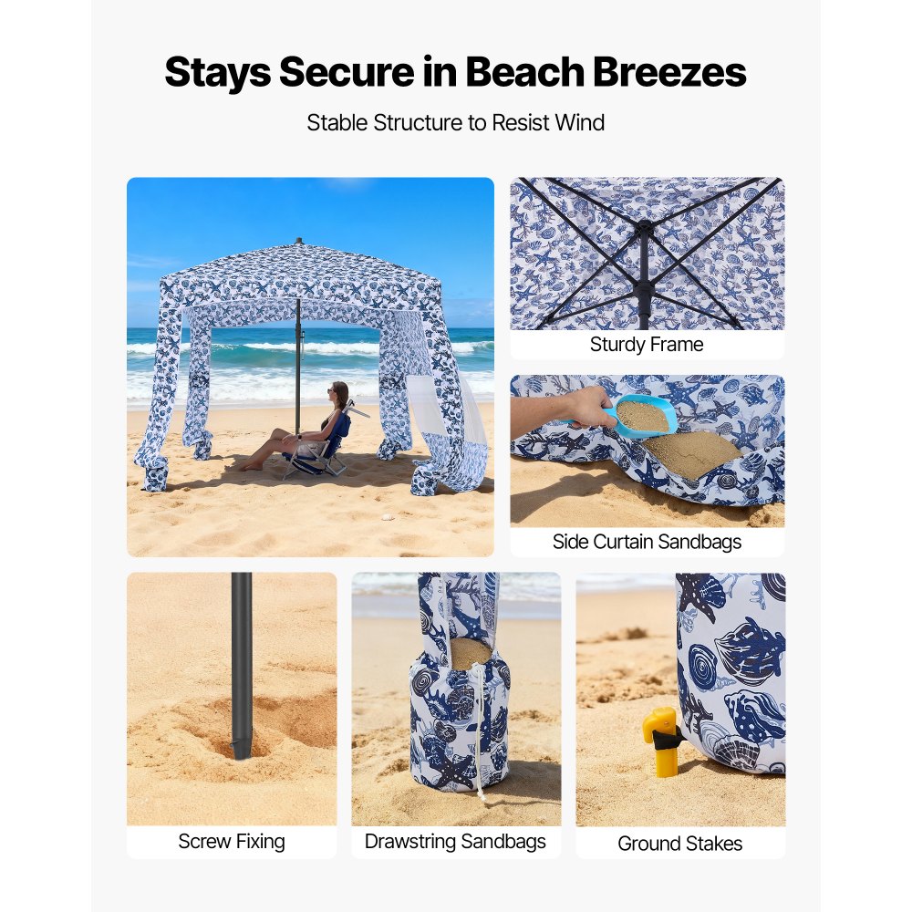 VEVOR Beach Cabana 183 x 183 cm Baldachim plażowy ze ścianą boczną, ochrona przeciwsłoneczna UPF 50+, pawilon plażowy z workami z piaskiem, duży przenośny parasol przeciwsłoneczny do użytku na zewnątrz dla rodziny i przyjaciół