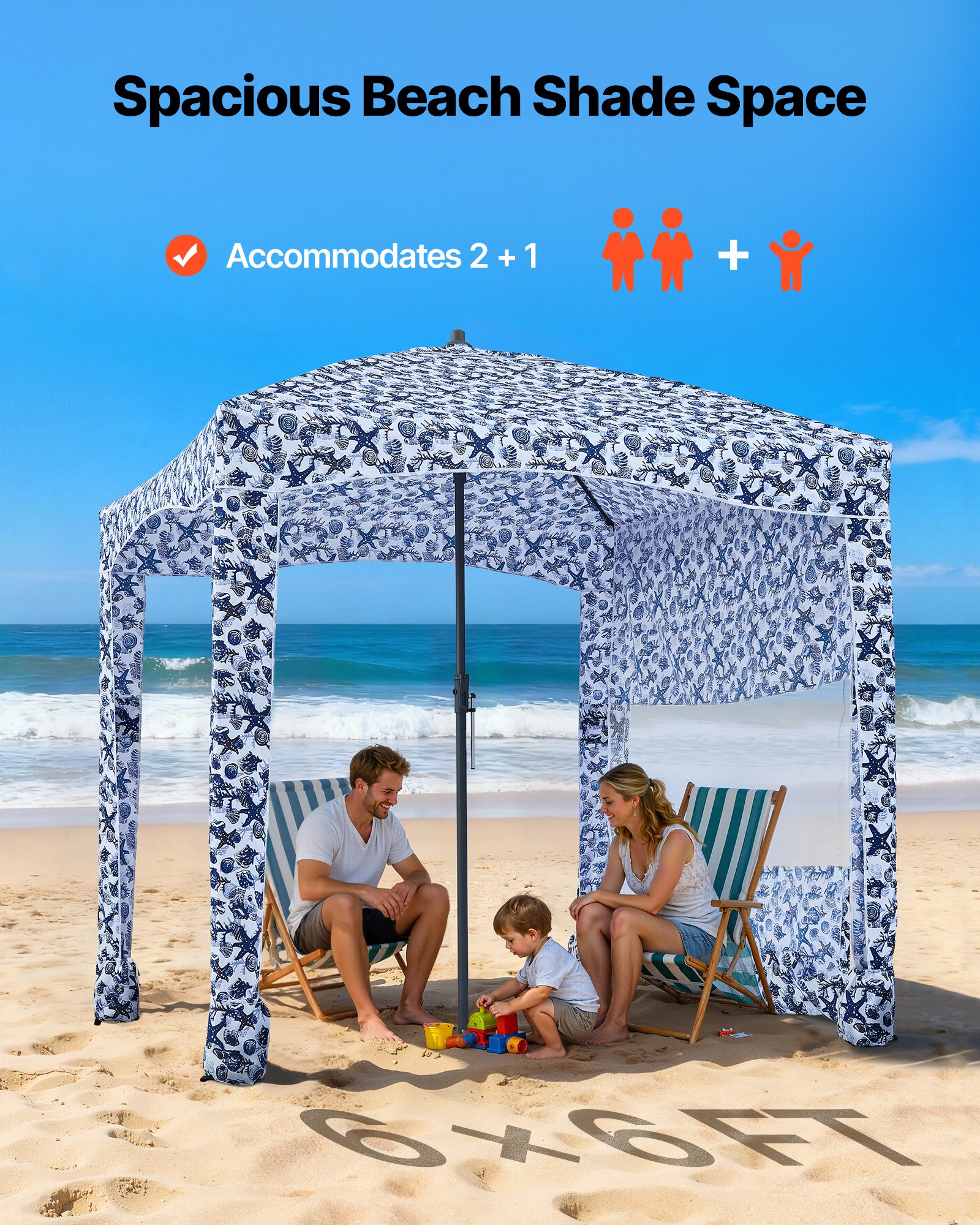 VEVOR Beach Cabana 183 x 183 cm Baldachim plażowy ze ścianą boczną, ochrona przeciwsłoneczna UPF 50+, pawilon plażowy z workami z piaskiem, duży przenośny parasol przeciwsłoneczny do użytku na zewnątrz dla rodziny i przyjaciół