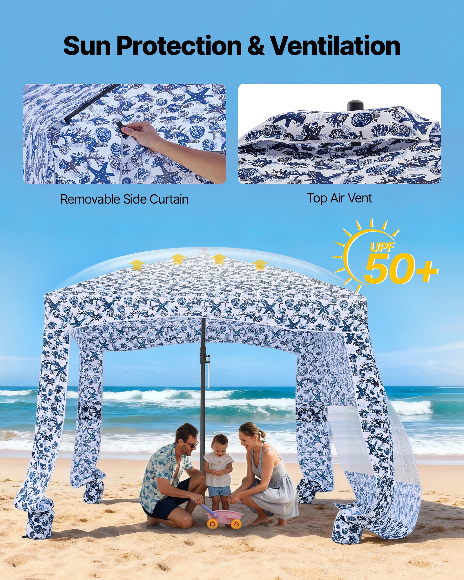 VEVOR Beach Cabana 183 x 183 cm Baldachim plażowy ze ścianą boczną, ochrona przeciwsłoneczna UPF 50+, pawilon plażowy z workami z piaskiem, duży przenośny parasol przeciwsłoneczny do użytku na zewnątrz dla rodziny i przyjaciół