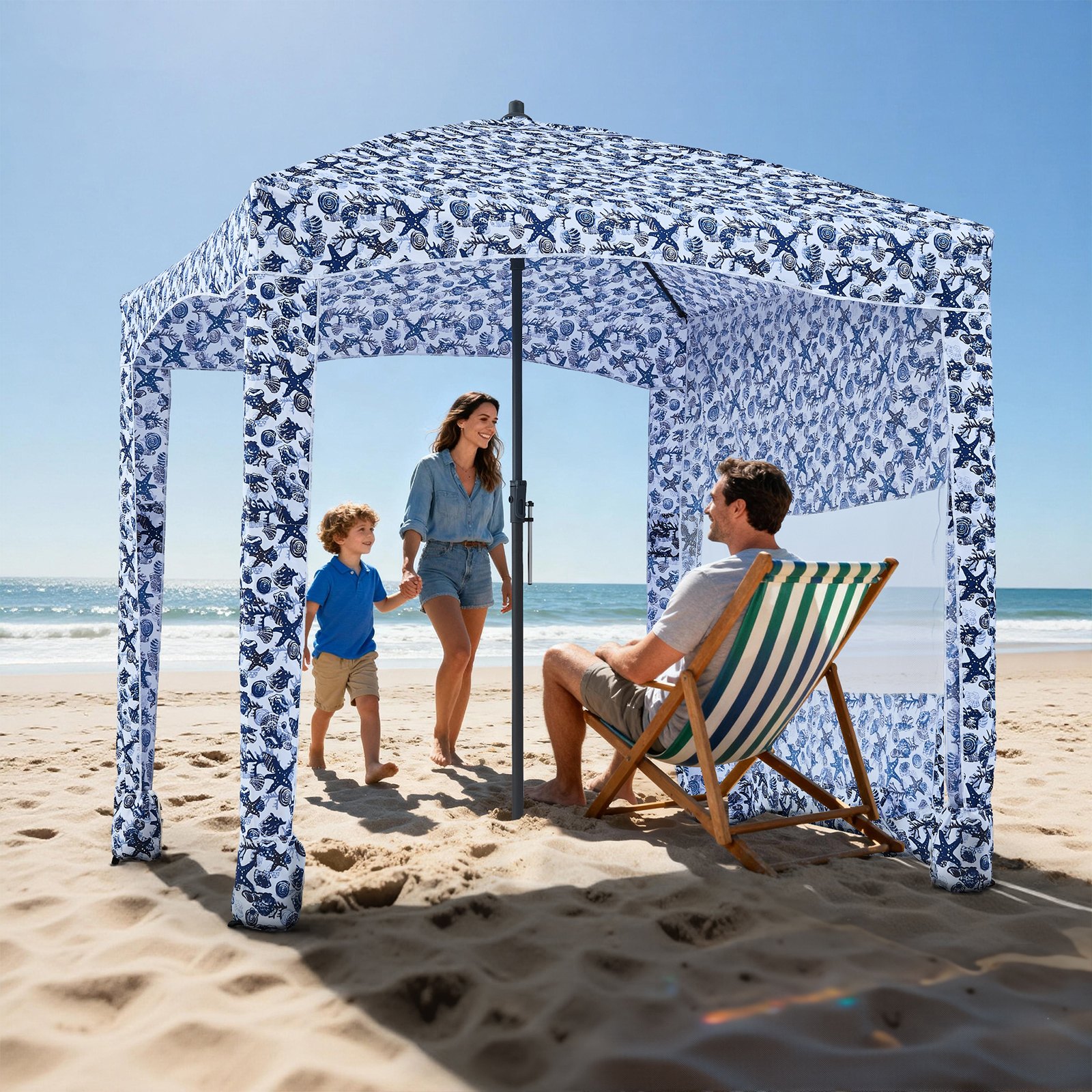 VEVOR Beach Cabana 183 x 183 cm Baldachim plażowy ze ścianą boczną, ochrona przeciwsłoneczna UPF 50+, pawilon plażowy z workami z piaskiem, duży przenośny parasol przeciwsłoneczny do użytku na zewnątrz dla rodziny i przyjaciół