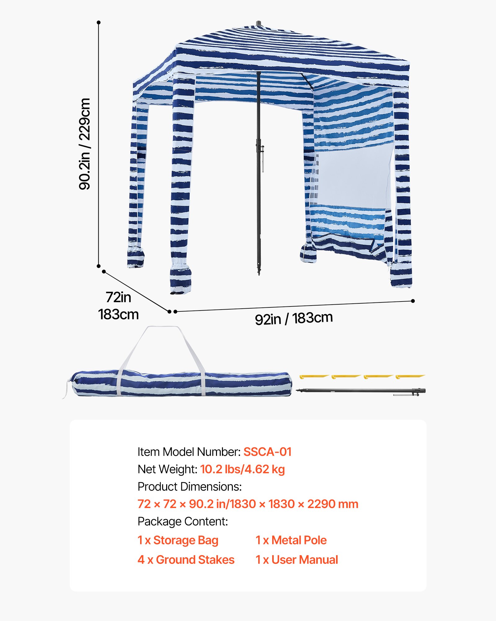 VEVOR Beach Cabana, 1.83 x 1.83 m Beach Canopy with Side Wall, UPF 50+ Protection Easy Setup Cabana Tent with Sand Pockets, Portable Shade Sun Shelter Umbrella for Whole Family & Friends, Navy Stripes