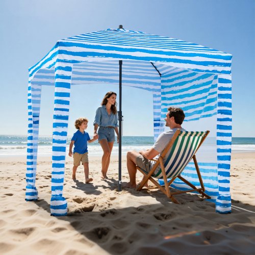 VEVOR Beach Cabana 183 x 183 cm Baldachim plażowy ze ścianką boczną, ochrona przeciwsłoneczna UPF 50+, pawilon plażowy z workami z piaskiem, przenośny parasol przeciwsłoneczny dla rodziny i przyjaciół, niebieskie paski