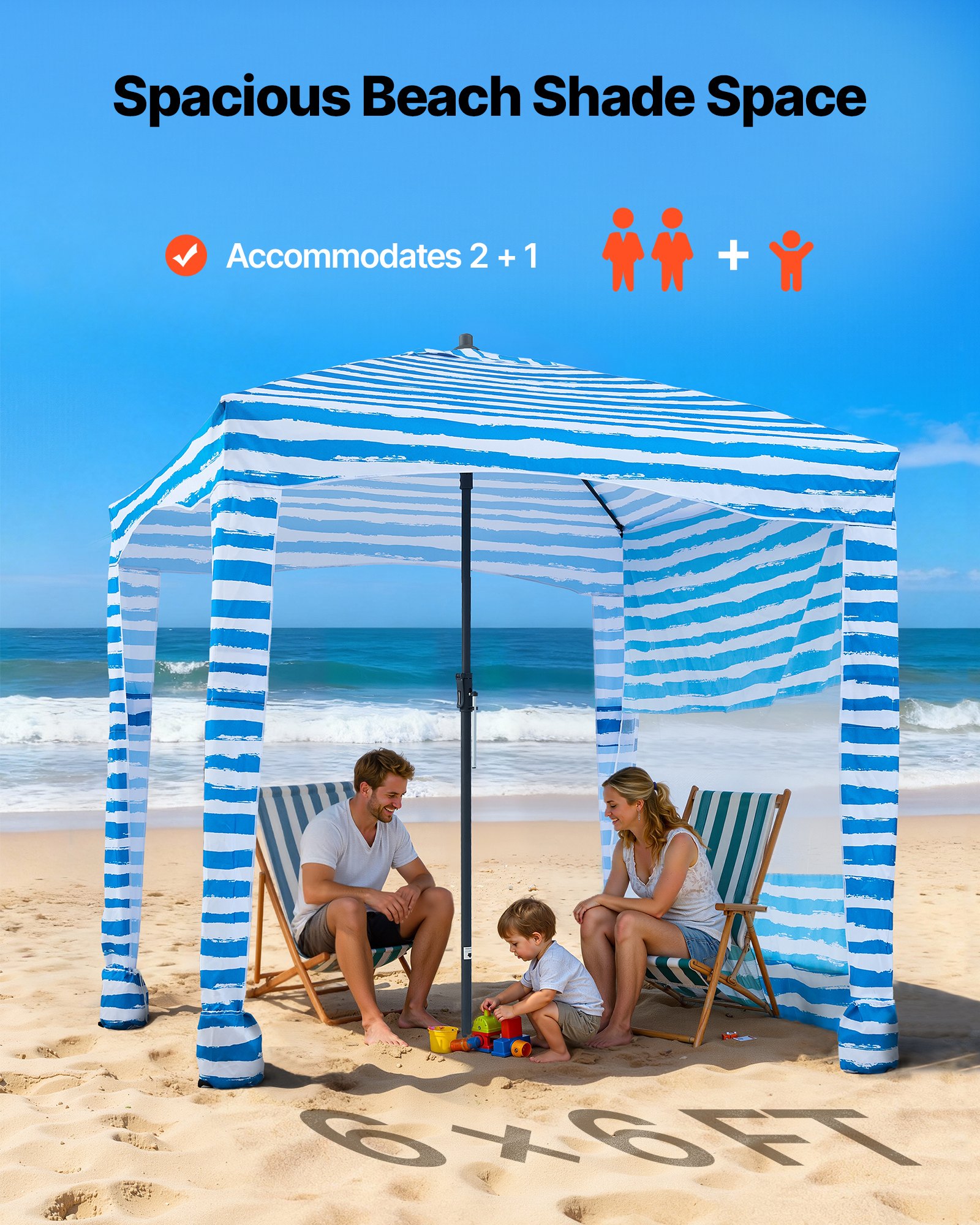 VEVOR Beach Cabana 183 x 183 cm Baldachim plażowy ze ścianką boczną, ochrona przeciwsłoneczna UPF 50+, pawilon plażowy z workami z piaskiem, przenośny parasol przeciwsłoneczny dla rodziny i przyjaciół, niebieskie paski