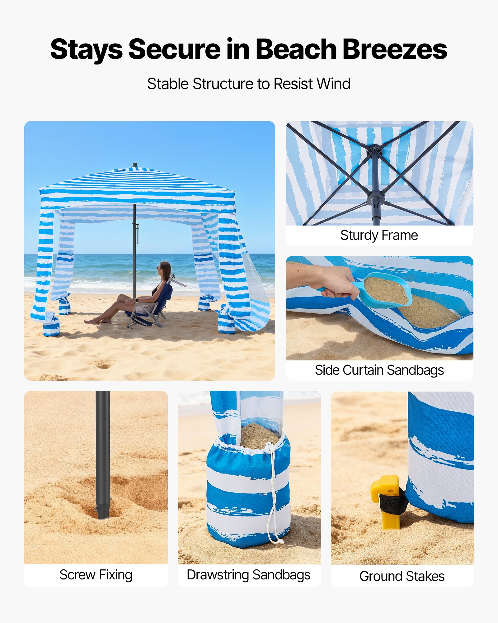 VEVOR Beach Cabana 183 x 183 cm Baldachim plażowy ze ścianką boczną, ochrona przeciwsłoneczna UPF 50+, pawilon plażowy z workami z piaskiem, przenośny parasol przeciwsłoneczny dla rodziny i przyjaciół, niebieskie paski