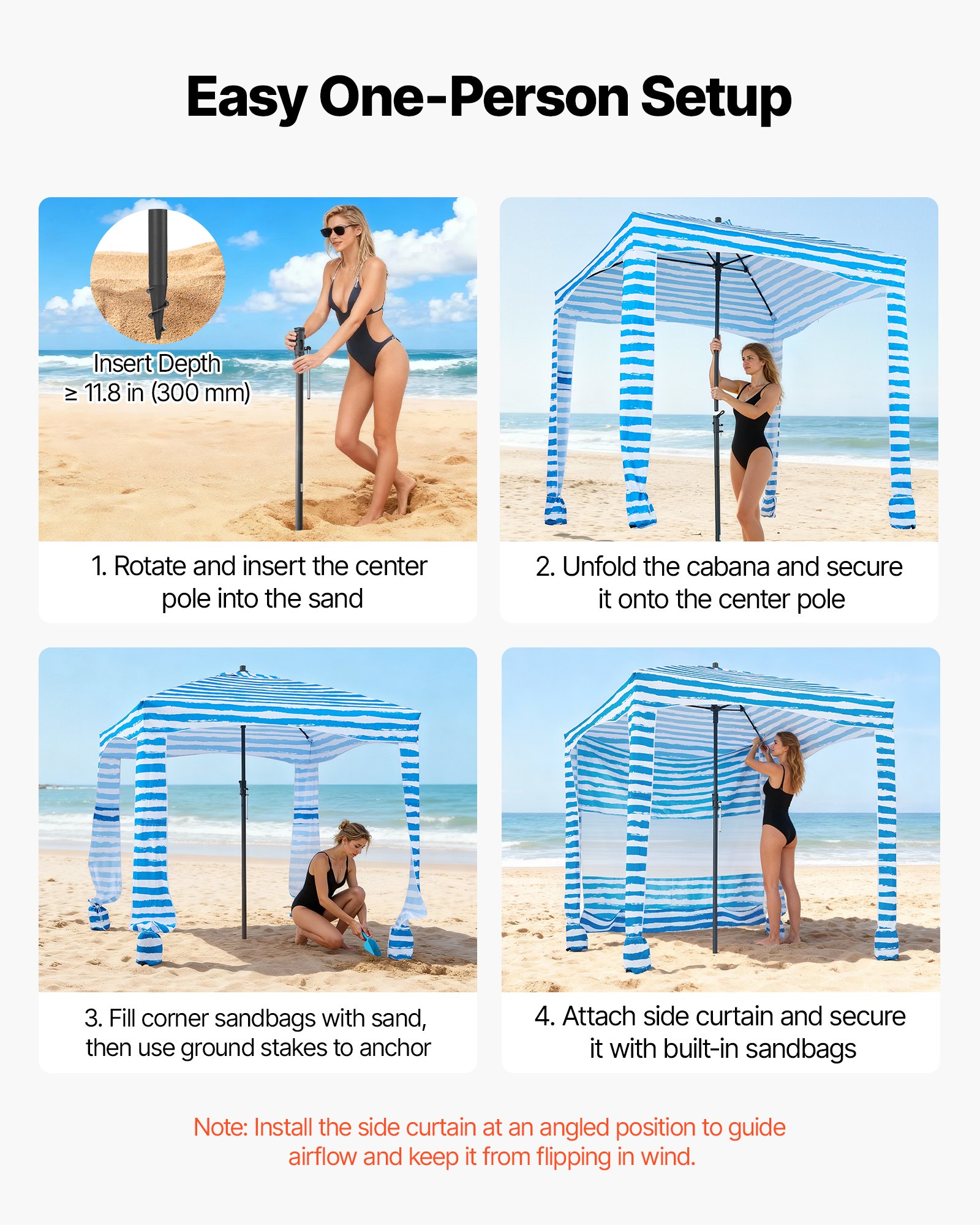 VEVOR Beach Cabana 183 x 183 cm Baldachim plażowy ze ścianką boczną, ochrona przeciwsłoneczna UPF 50+, pawilon plażowy z workami z piaskiem, przenośny parasol przeciwsłoneczny dla rodziny i przyjaciół, niebieskie paski