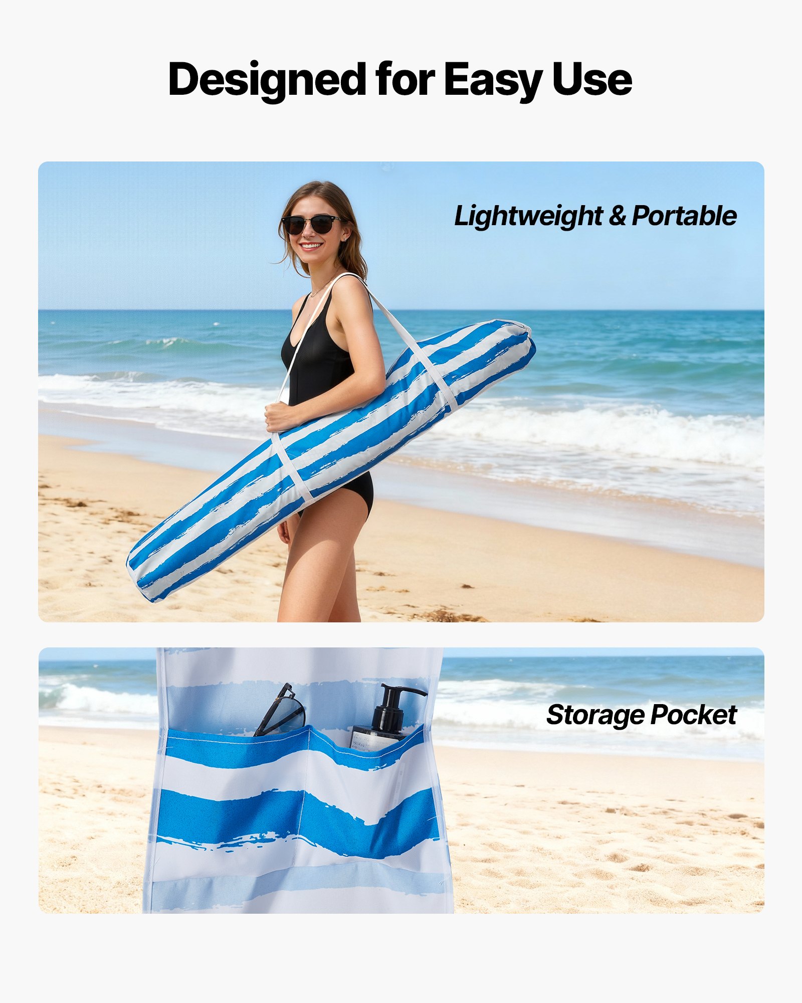 VEVOR Beach Cabana 183 x 183 cm Baldachim plażowy ze ścianką boczną, ochrona przeciwsłoneczna UPF 50+, pawilon plażowy z workami z piaskiem, przenośny parasol przeciwsłoneczny dla rodziny i przyjaciół, niebieskie paski