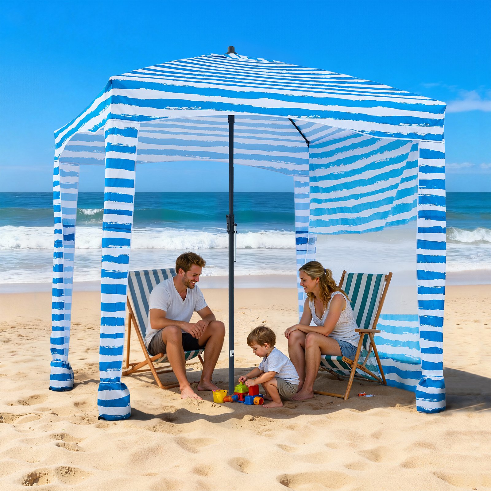 VEVOR Beach Cabana 183 x 183 cm Baldachim plażowy ze ścianką boczną, ochrona przeciwsłoneczna UPF 50+, pawilon plażowy z workami z piaskiem, przenośny parasol przeciwsłoneczny dla rodziny i przyjaciół, niebieskie paski
