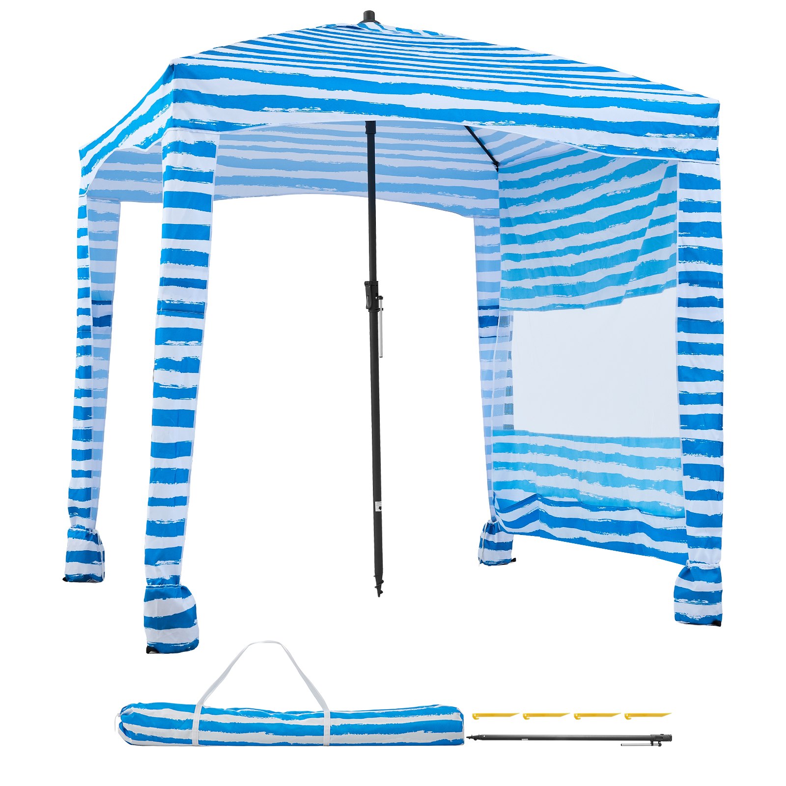 VEVOR Beach Cabana 183 x 183 cm Baldachim plażowy ze ścianką boczną, ochrona przeciwsłoneczna UPF 50+, pawilon plażowy z workami z piaskiem, przenośny parasol przeciwsłoneczny dla rodziny i przyjaciół, niebieskie paski