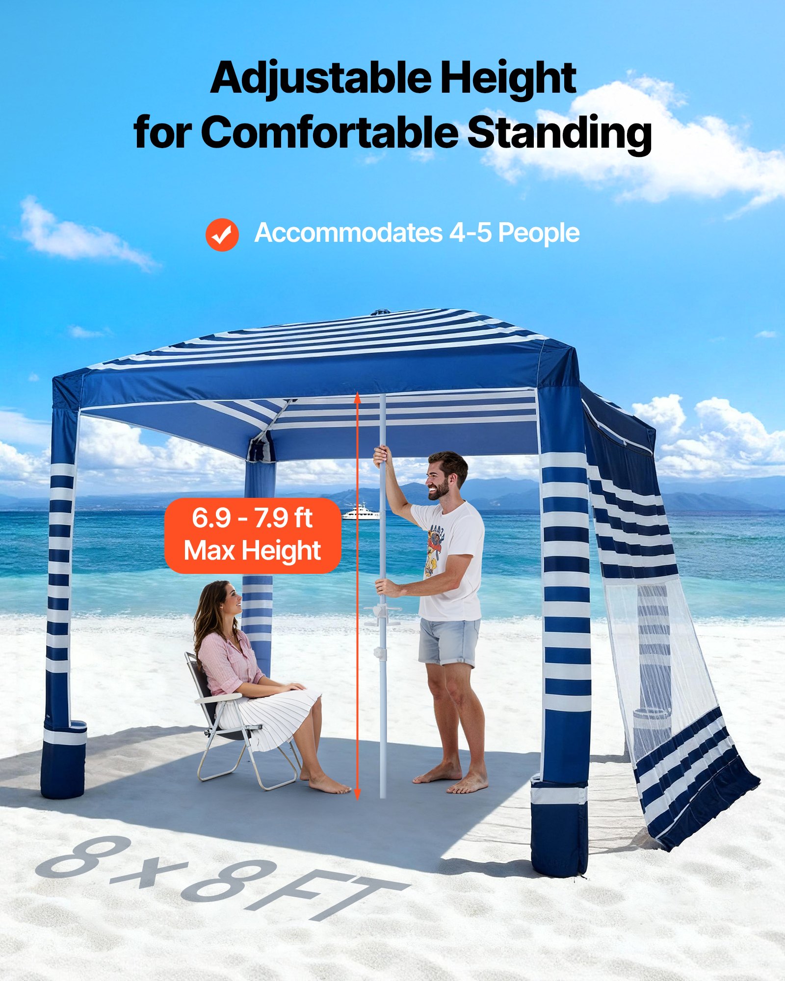 VEVOR Beach Cabana, 2.4 x 2.4 m Beach Canopy with Side Wall, UPF 50+ Protection Easy Setup Cabana Tent with Sand Pockets, Adjustable Height Portable Shade Sun Shelter Umbrella for Family, Navy Stripes