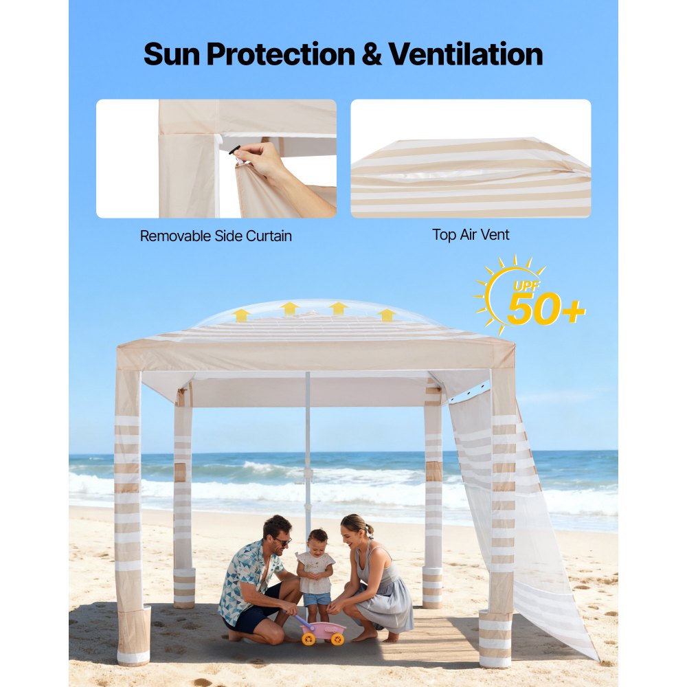 VEVOR Beach Cabana, zadaszenie plażowe 2,4 x 2,4 m ze ścianą boczną, ochrona przeciwsłoneczna UPF 50+, altana z workami z piaskiem, regulowana wysokość i przenośna osłona przeciwsłoneczna dla całej rodziny i przyjaciół