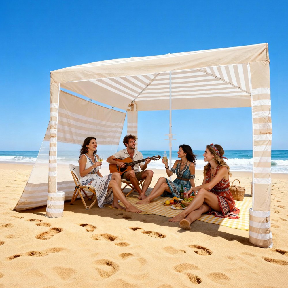 VEVOR Beach Cabana, zadaszenie plażowe 2,4 x 2,4 m ze ścianą boczną, ochrona przeciwsłoneczna UPF 50+, altana z workami z piaskiem, regulowana wysokość i przenośna osłona przeciwsłoneczna dla całej rodziny i przyjaciół