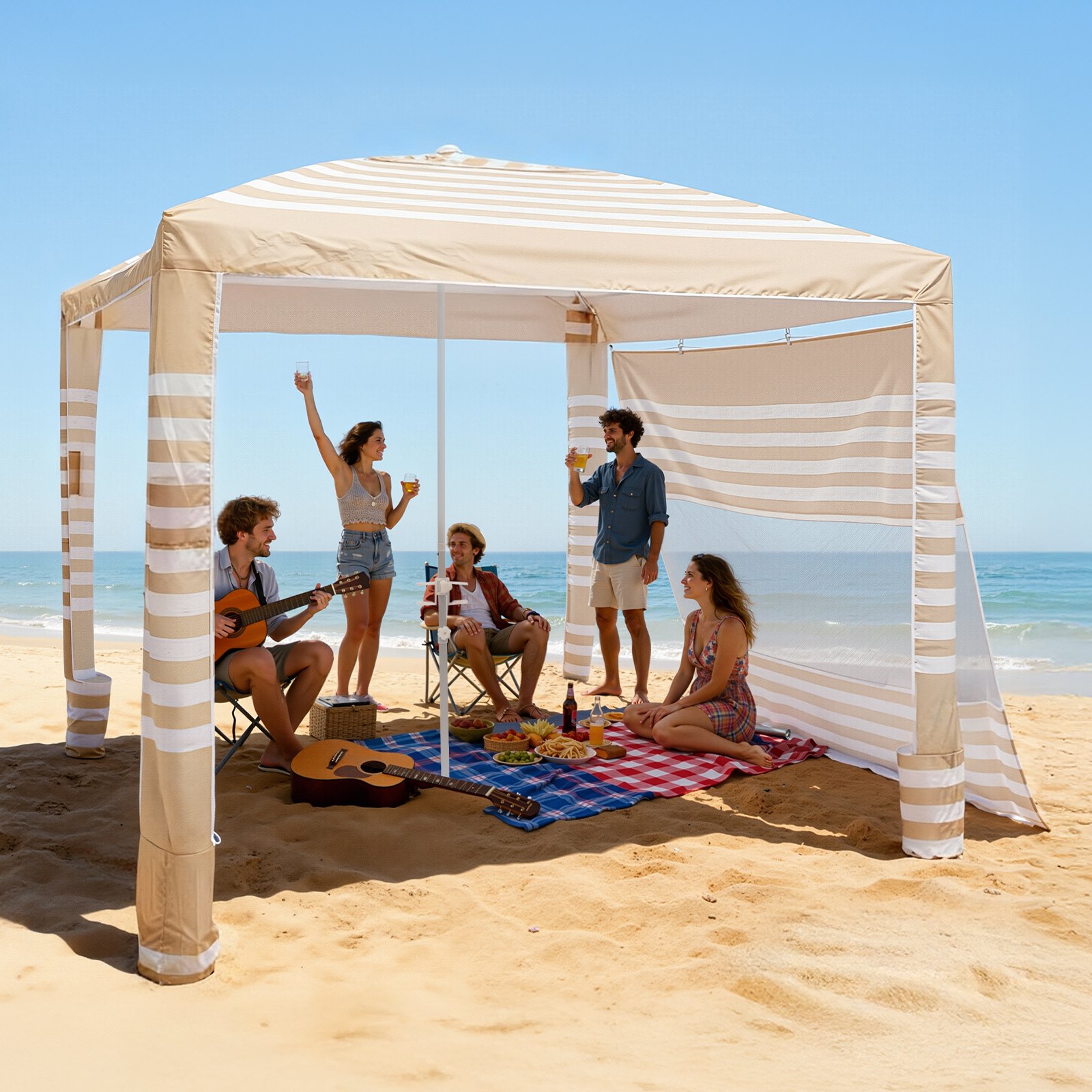 VEVOR Beach Cabana, zadaszenie plażowe 2,4 x 2,4 m ze ścianą boczną, ochrona przeciwsłoneczna UPF 50+, altana z workami z piaskiem, regulowana wysokość i przenośna osłona przeciwsłoneczna dla całej rodziny i przyjaciół