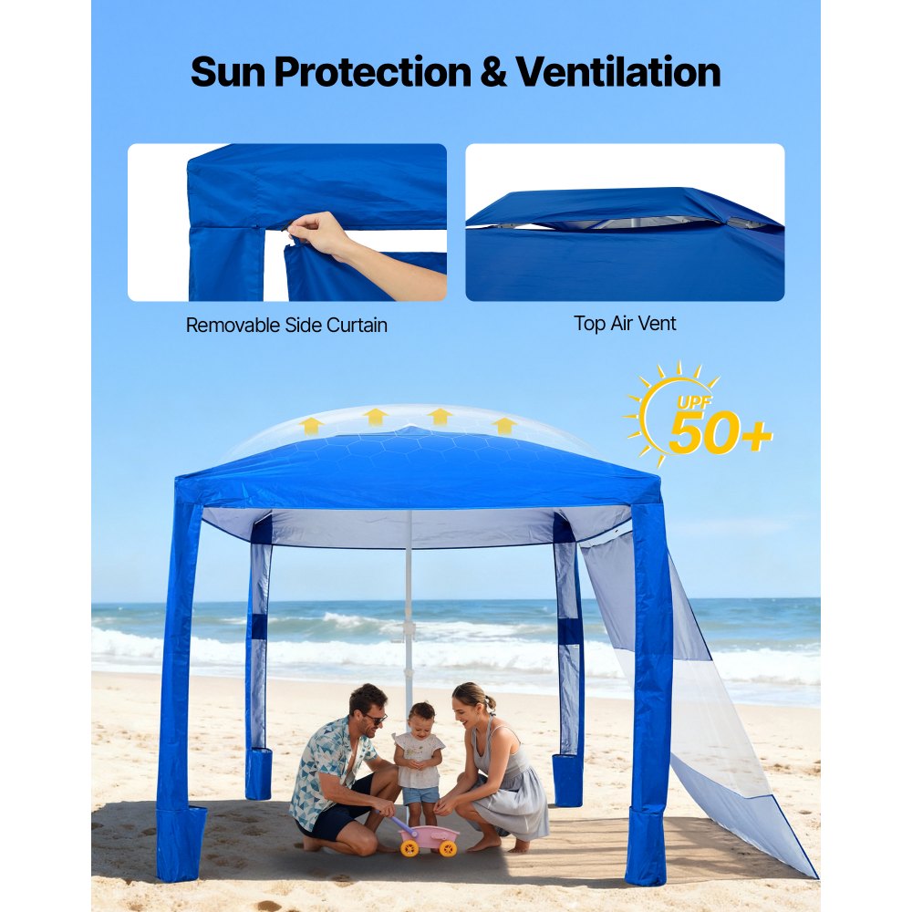 VEVOR Beach Cabana, namiot plażowy 2,4 x 2,4 m ze ścianą boczną, ochrona przeciwsłoneczna UPF 50+, pawilon plażowy z workami z piaskiem, regulowana wysokość i przenośny parasol przeciwsłoneczny dla rodziny i przyjaciół, niebieski