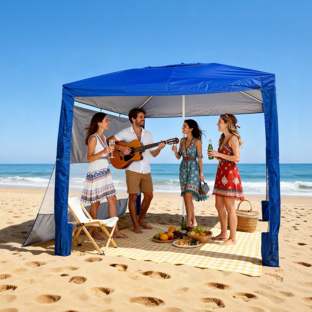 VEVOR Beach Cabana, namiot plażowy 2,4 x 2,4 m ze ścianą boczną, ochrona przeciwsłoneczna UPF 50+, pawilon plażowy z workami z piaskiem, regulowana wysokość i przenośny parasol przeciwsłoneczny dla rodziny i przyjaciół, niebieski
