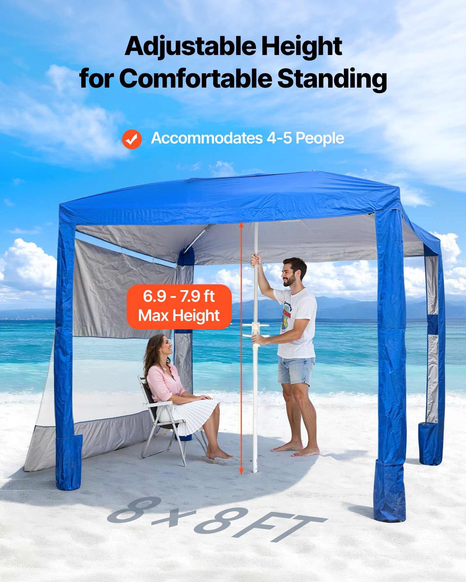 VEVOR Beach Cabana, namiot plażowy 2,4 x 2,4 m ze ścianą boczną, ochrona przeciwsłoneczna UPF 50+, pawilon plażowy z workami z piaskiem, regulowana wysokość i przenośny parasol przeciwsłoneczny dla rodziny i przyjaciół, niebieski