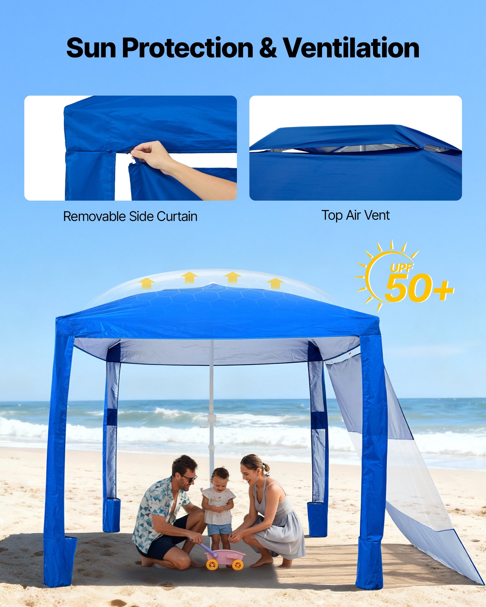 VEVOR Beach Cabana, namiot plażowy 2,4 x 2,4 m ze ścianą boczną, ochrona przeciwsłoneczna UPF 50+, pawilon plażowy z workami z piaskiem, regulowana wysokość i przenośny parasol przeciwsłoneczny dla rodziny i przyjaciół, niebieski
