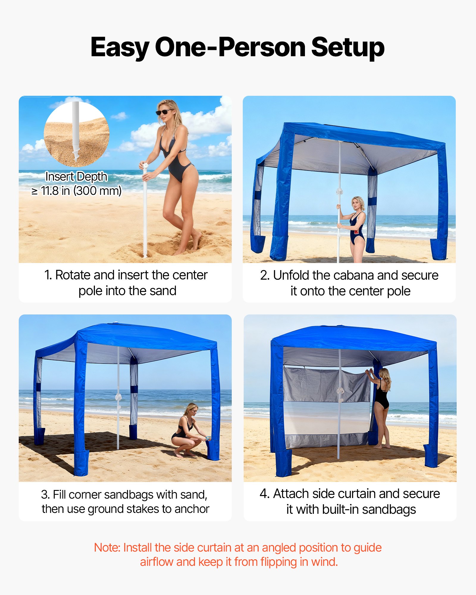 VEVOR Beach Cabana, namiot plażowy 2,4 x 2,4 m ze ścianą boczną, ochrona przeciwsłoneczna UPF 50+, pawilon plażowy z workami z piaskiem, regulowana wysokość i przenośny parasol przeciwsłoneczny dla rodziny i przyjaciół, niebieski