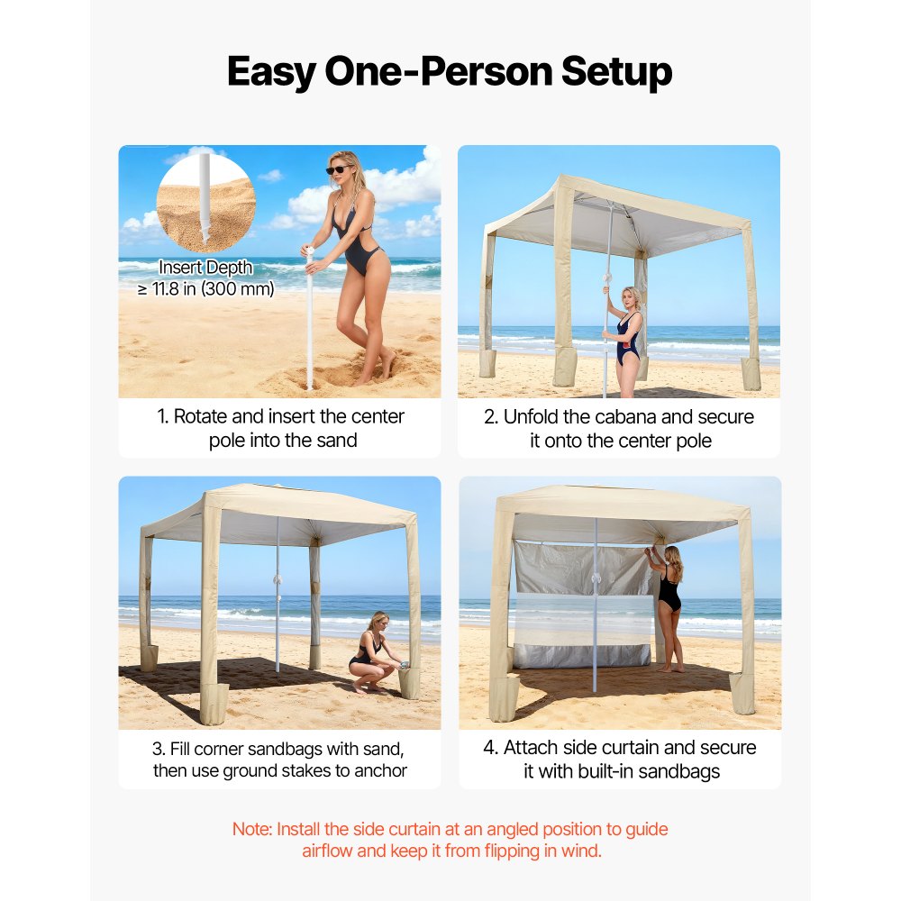 VEVOR Beach Cabana, 2,4 x 2,4 m, zadaszenie plażowe ze ścianą boczną, ochrona przeciwsłoneczna UPF 50+, pawilon plażowy z workami z piaskiem, regulowana wysokość i przenośny parasol przeciwsłoneczny dla rodziny i przyjaciół, kolor khaki