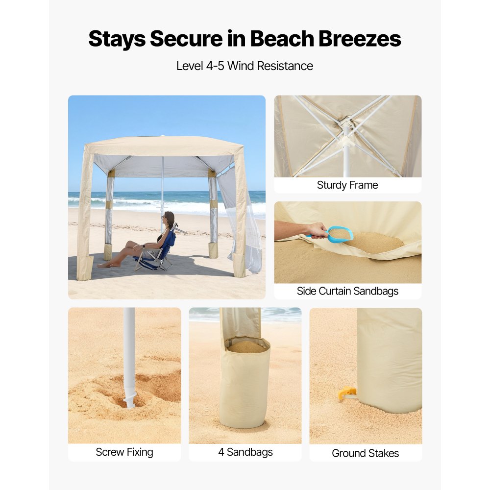 VEVOR Beach Cabana, 2,4 x 2,4 m, zadaszenie plażowe ze ścianą boczną, ochrona przeciwsłoneczna UPF 50+, pawilon plażowy z workami z piaskiem, regulowana wysokość i przenośny parasol przeciwsłoneczny dla rodziny i przyjaciół, kolor khaki