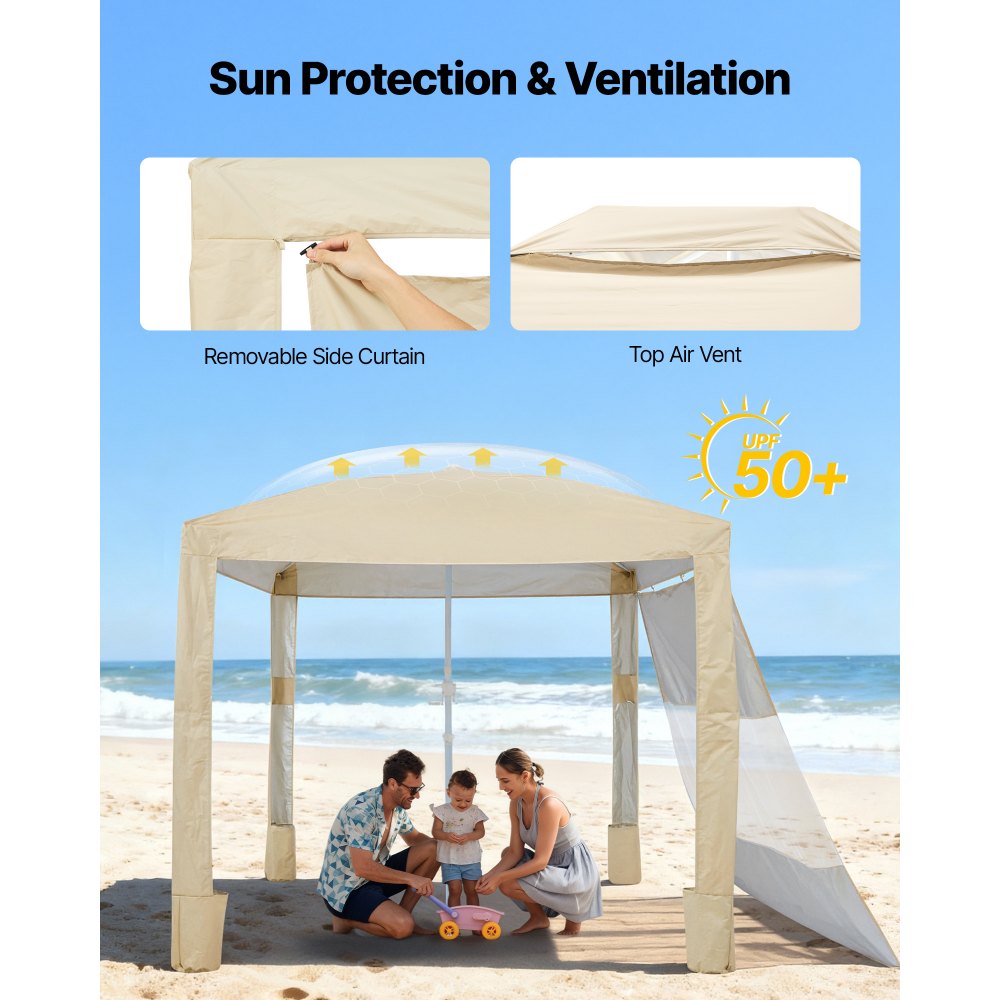 VEVOR Beach Cabana, 2,4 x 2,4 m, zadaszenie plażowe ze ścianą boczną, ochrona przeciwsłoneczna UPF 50+, pawilon plażowy z workami z piaskiem, regulowana wysokość i przenośny parasol przeciwsłoneczny dla rodziny i przyjaciół, kolor khaki