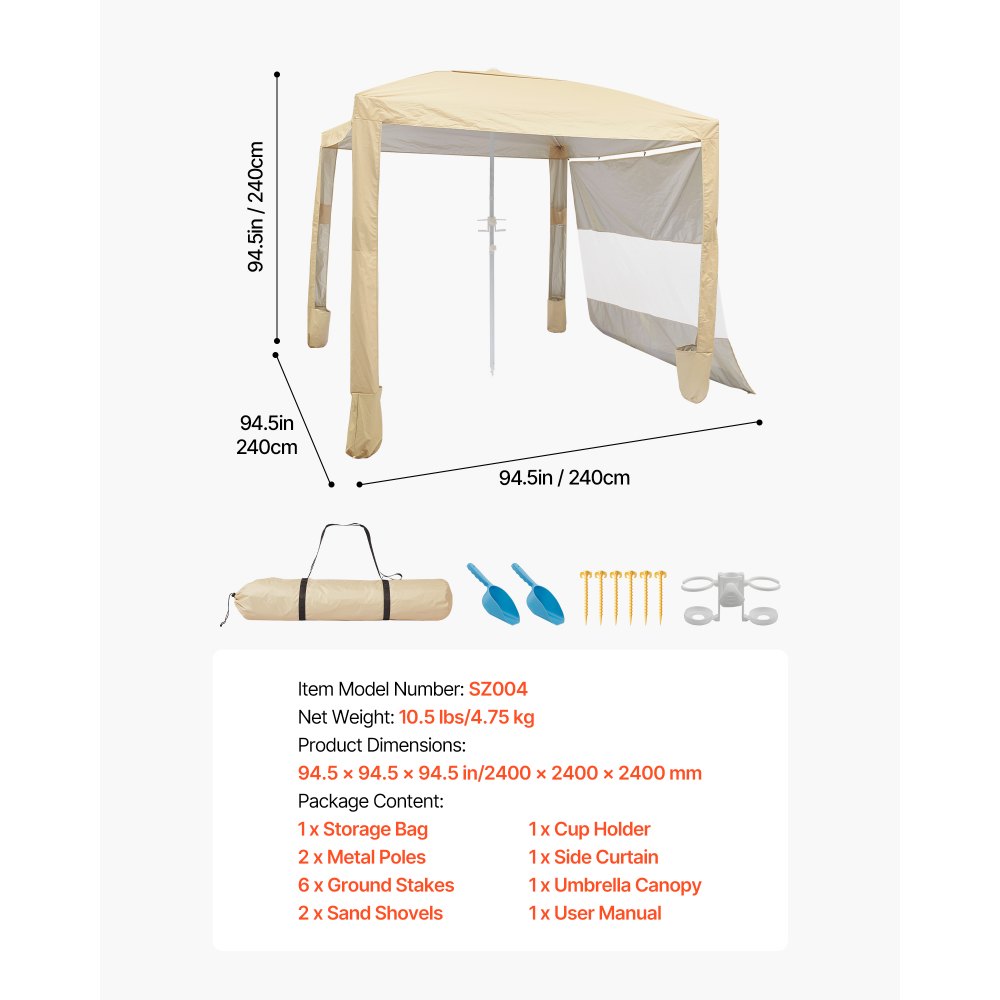 VEVOR Beach Cabana, 2,4 x 2,4 m, zadaszenie plażowe ze ścianą boczną, ochrona przeciwsłoneczna UPF 50+, pawilon plażowy z workami z piaskiem, regulowana wysokość i przenośny parasol przeciwsłoneczny dla rodziny i przyjaciół, kolor khaki