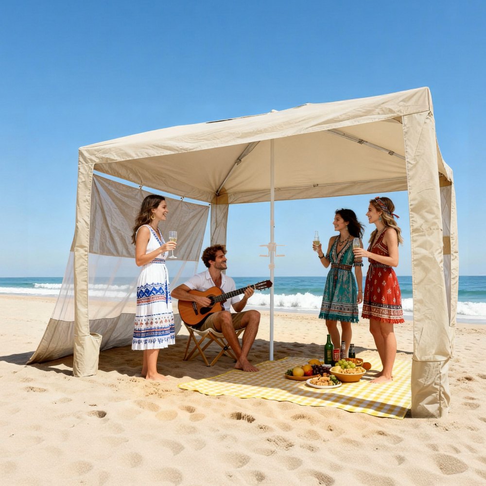 VEVOR Beach Cabana, 2,4 x 2,4 m, zadaszenie plażowe ze ścianą boczną, ochrona przeciwsłoneczna UPF 50+, pawilon plażowy z workami z piaskiem, regulowana wysokość i przenośny parasol przeciwsłoneczny dla rodziny i przyjaciół, kolor khaki
