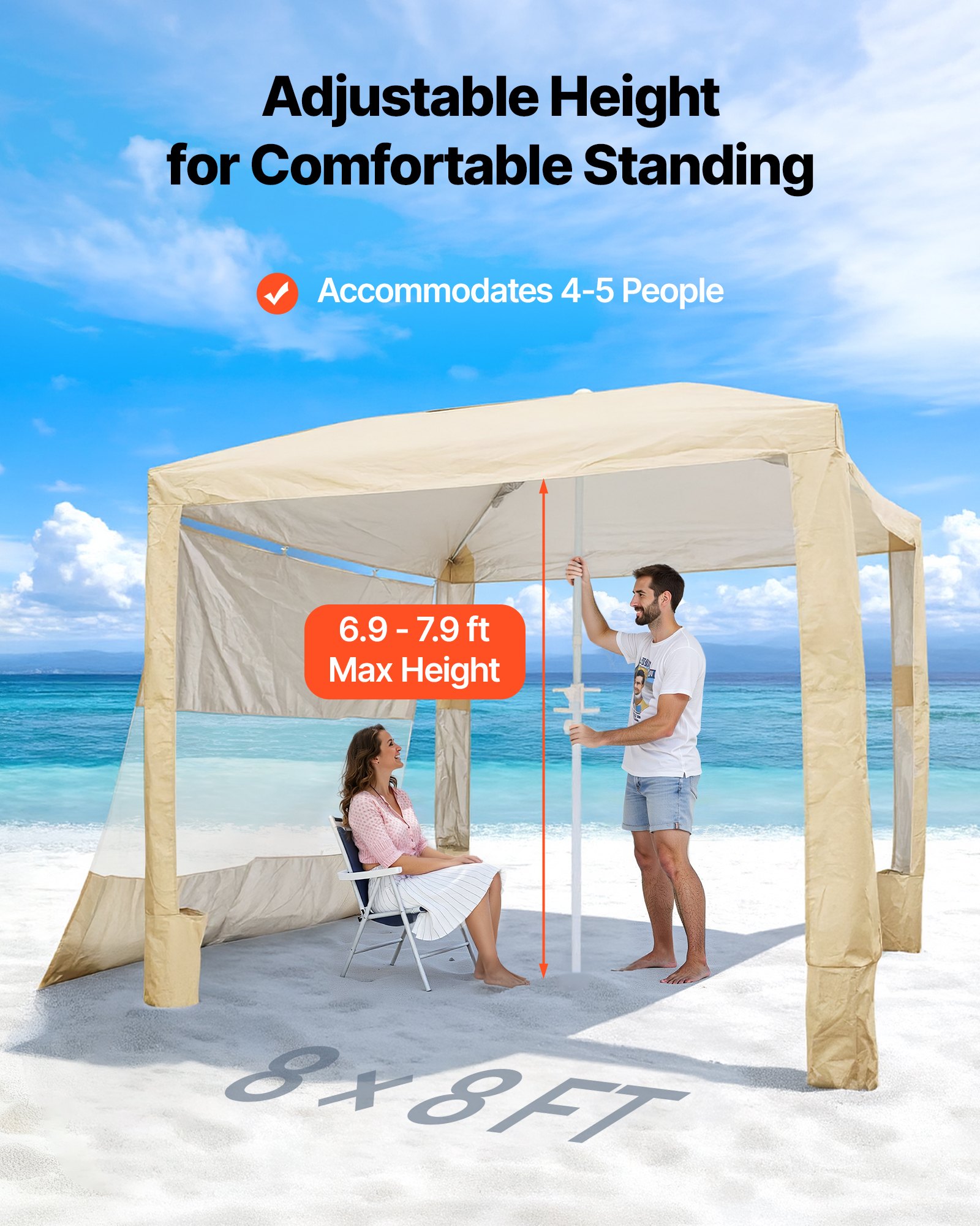 VEVOR Beach Cabana, 2,4 x 2,4 m, zadaszenie plażowe ze ścianą boczną, ochrona przeciwsłoneczna UPF 50+, pawilon plażowy z workami z piaskiem, regulowana wysokość i przenośny parasol przeciwsłoneczny dla rodziny i przyjaciół, kolor khaki