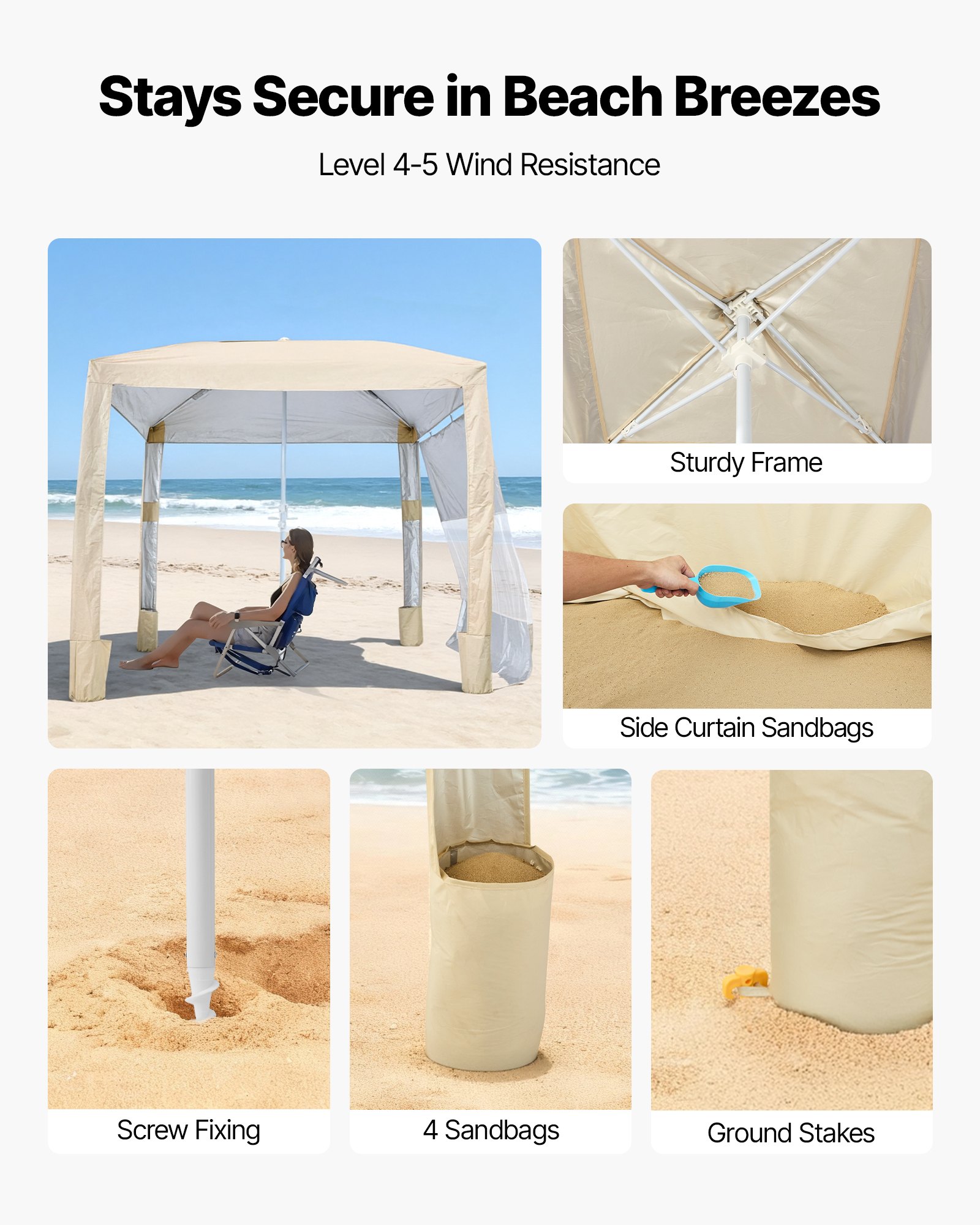 VEVOR Beach Cabana, 2,4 x 2,4 m, zadaszenie plażowe ze ścianą boczną, ochrona przeciwsłoneczna UPF 50+, pawilon plażowy z workami z piaskiem, regulowana wysokość i przenośny parasol przeciwsłoneczny dla rodziny i przyjaciół, kolor khaki