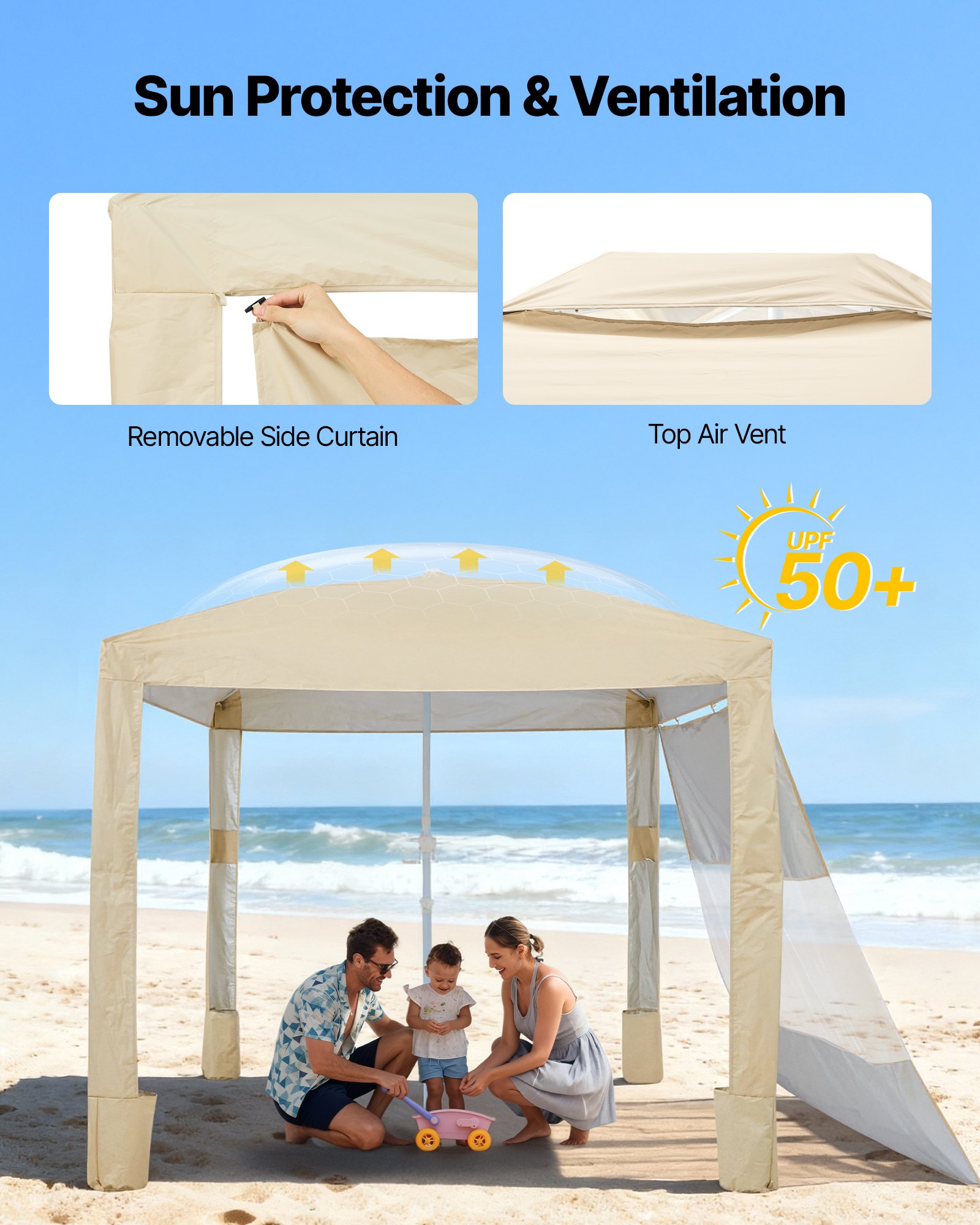 VEVOR Beach Cabana, 2,4 x 2,4 m, zadaszenie plażowe ze ścianą boczną, ochrona przeciwsłoneczna UPF 50+, pawilon plażowy z workami z piaskiem, regulowana wysokość i przenośny parasol przeciwsłoneczny dla rodziny i przyjaciół, kolor khaki