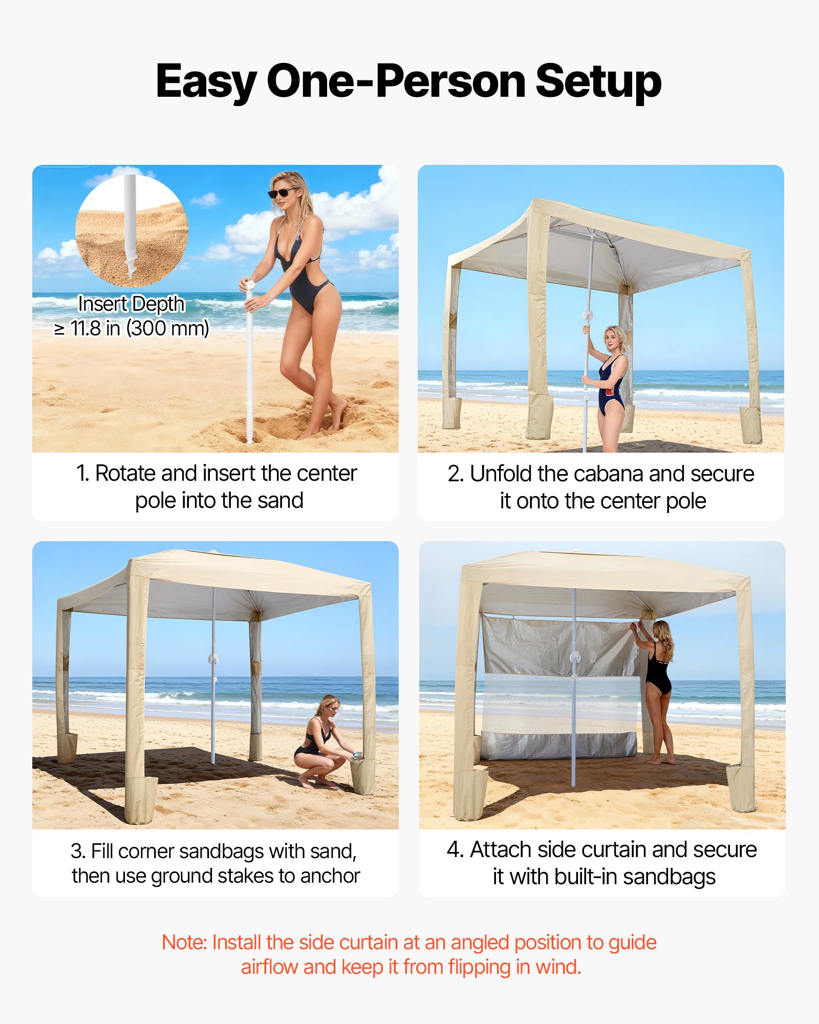VEVOR Beach Cabana, 2,4 x 2,4 m, zadaszenie plażowe ze ścianą boczną, ochrona przeciwsłoneczna UPF 50+, pawilon plażowy z workami z piaskiem, regulowana wysokość i przenośny parasol przeciwsłoneczny dla rodziny i przyjaciół, kolor khaki