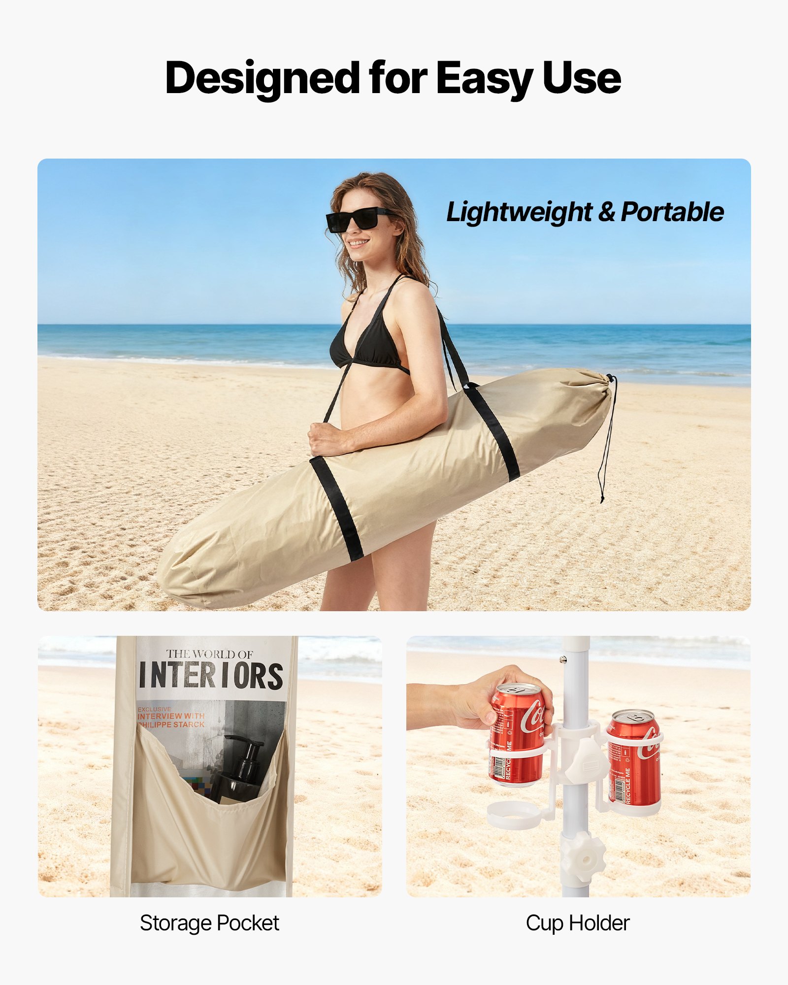 VEVOR Beach Cabana, 2,4 x 2,4 m, zadaszenie plażowe ze ścianą boczną, ochrona przeciwsłoneczna UPF 50+, pawilon plażowy z workami z piaskiem, regulowana wysokość i przenośny parasol przeciwsłoneczny dla rodziny i przyjaciół, kolor khaki