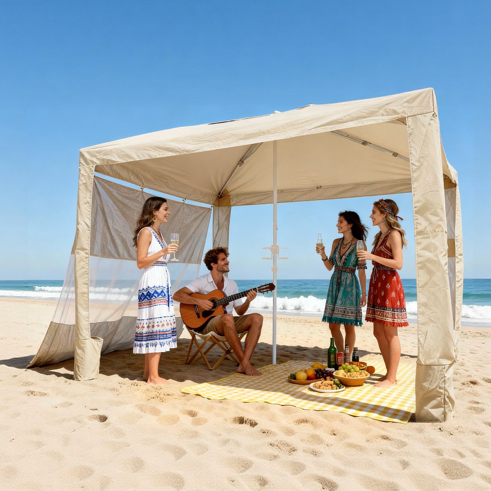 VEVOR Beach Cabana, 2,4 x 2,4 m, zadaszenie plażowe ze ścianą boczną, ochrona przeciwsłoneczna UPF 50+, pawilon plażowy z workami z piaskiem, regulowana wysokość i przenośny parasol przeciwsłoneczny dla rodziny i przyjaciół, kolor khaki