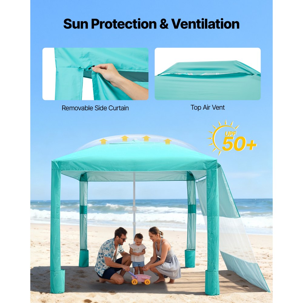 VEVOR Beach Cabana, namiot plażowy 2,4 x 2,4 m ze ścianą boczną, ochrona przeciwsłoneczna UPF 50+, pawilon plażowy z workami z piaskiem, regulowana wysokość i przenośny parasol przeciwsłoneczny dla rodziny i przyjaciół, zielony