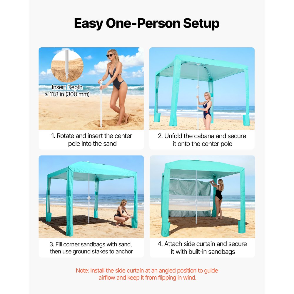VEVOR Beach Cabana, namiot plażowy 2,4 x 2,4 m ze ścianą boczną, ochrona przeciwsłoneczna UPF 50+, pawilon plażowy z workami z piaskiem, regulowana wysokość i przenośny parasol przeciwsłoneczny dla rodziny i przyjaciół, zielony