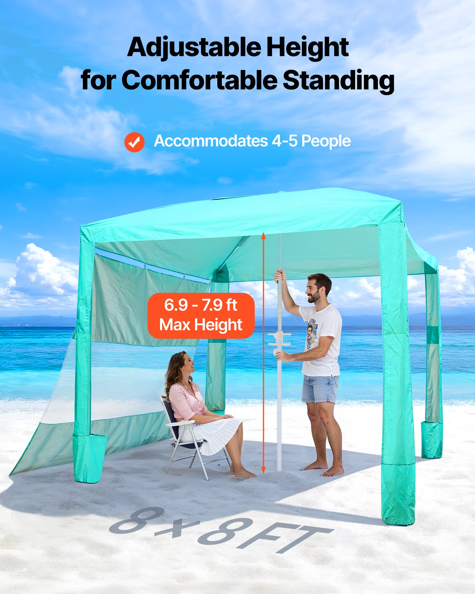 VEVOR Beach Cabana, namiot plażowy 2,4 x 2,4 m ze ścianą boczną, ochrona przeciwsłoneczna UPF 50+, pawilon plażowy z workami z piaskiem, regulowana wysokość i przenośny parasol przeciwsłoneczny dla rodziny i przyjaciół, zielony