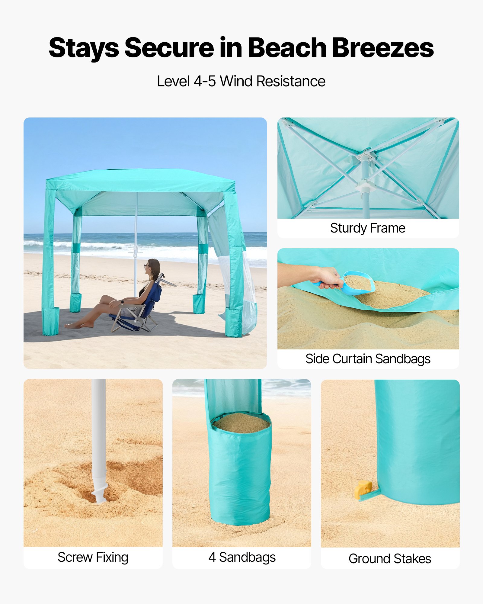 VEVOR Beach Cabana, namiot plażowy 2,4 x 2,4 m ze ścianą boczną, ochrona przeciwsłoneczna UPF 50+, pawilon plażowy z workami z piaskiem, regulowana wysokość i przenośny parasol przeciwsłoneczny dla rodziny i przyjaciół, zielony